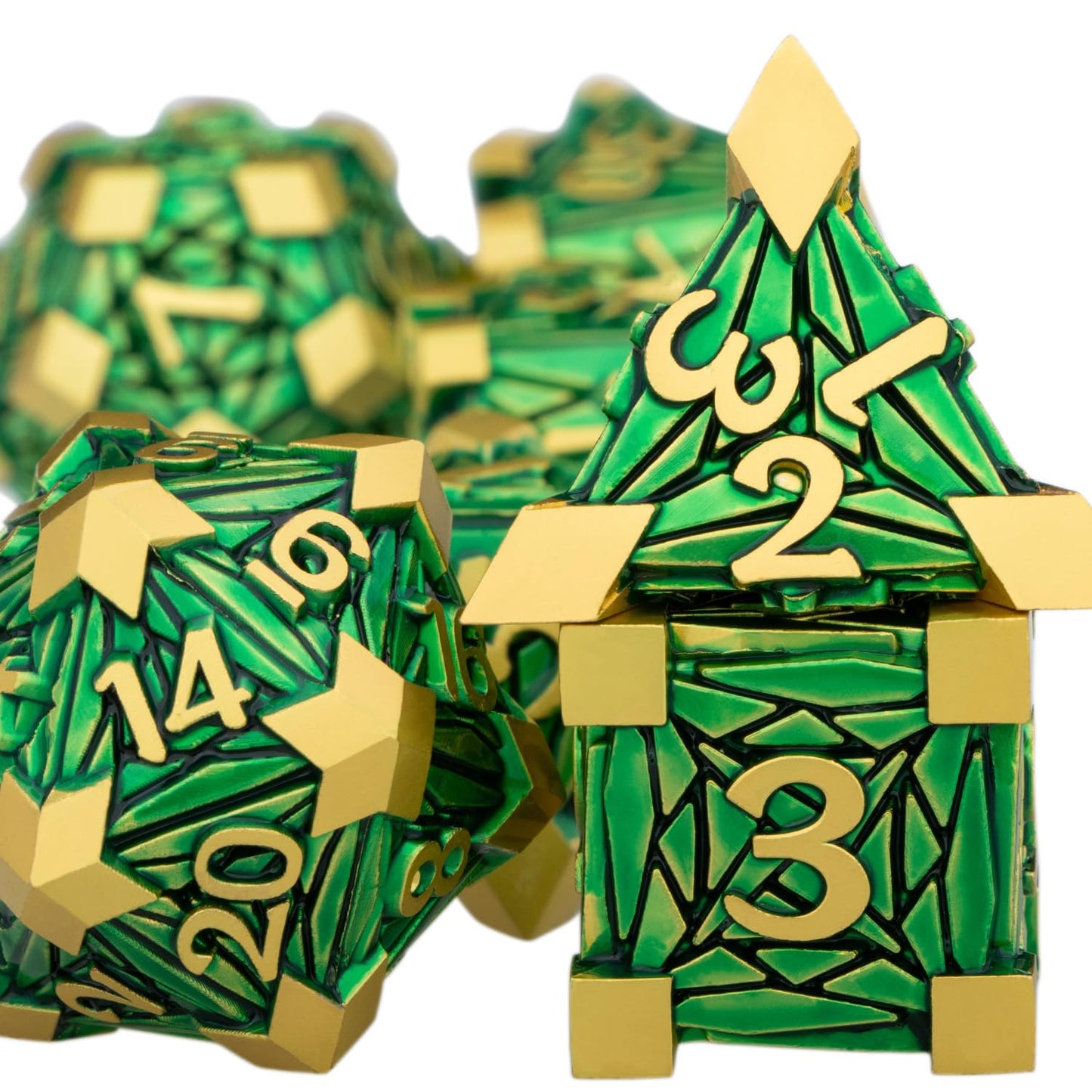 ORIFANTOU Metal DND Dice Set Dungeons and Dragons Dice with Box, Green Golden Debris D&D Dice RPG D and D Dice Role Playing Game