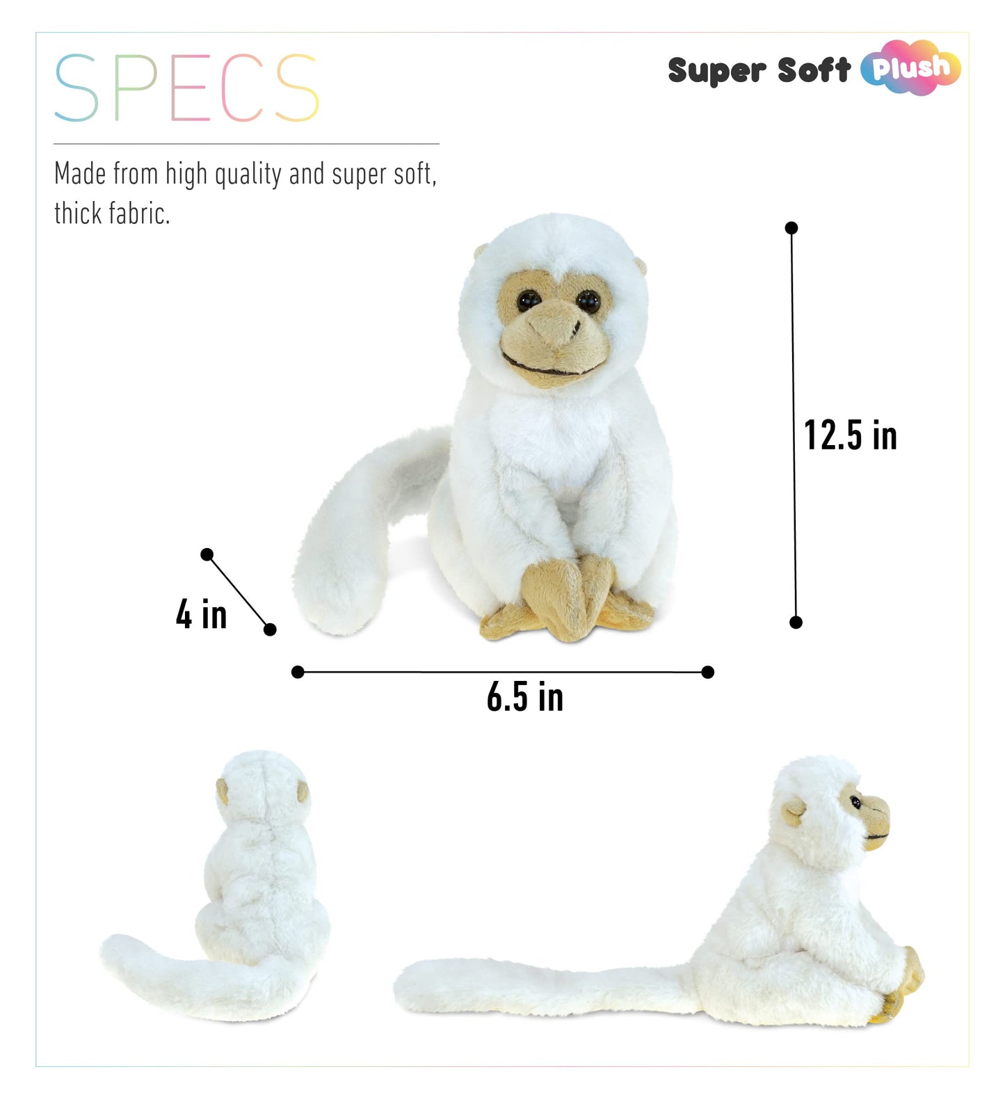 Puzzled Squirrel Monkey Plush - Super Soft 12" Stuffed Animal, White Polyester, Model 5353, Ideal for Kids and Adults