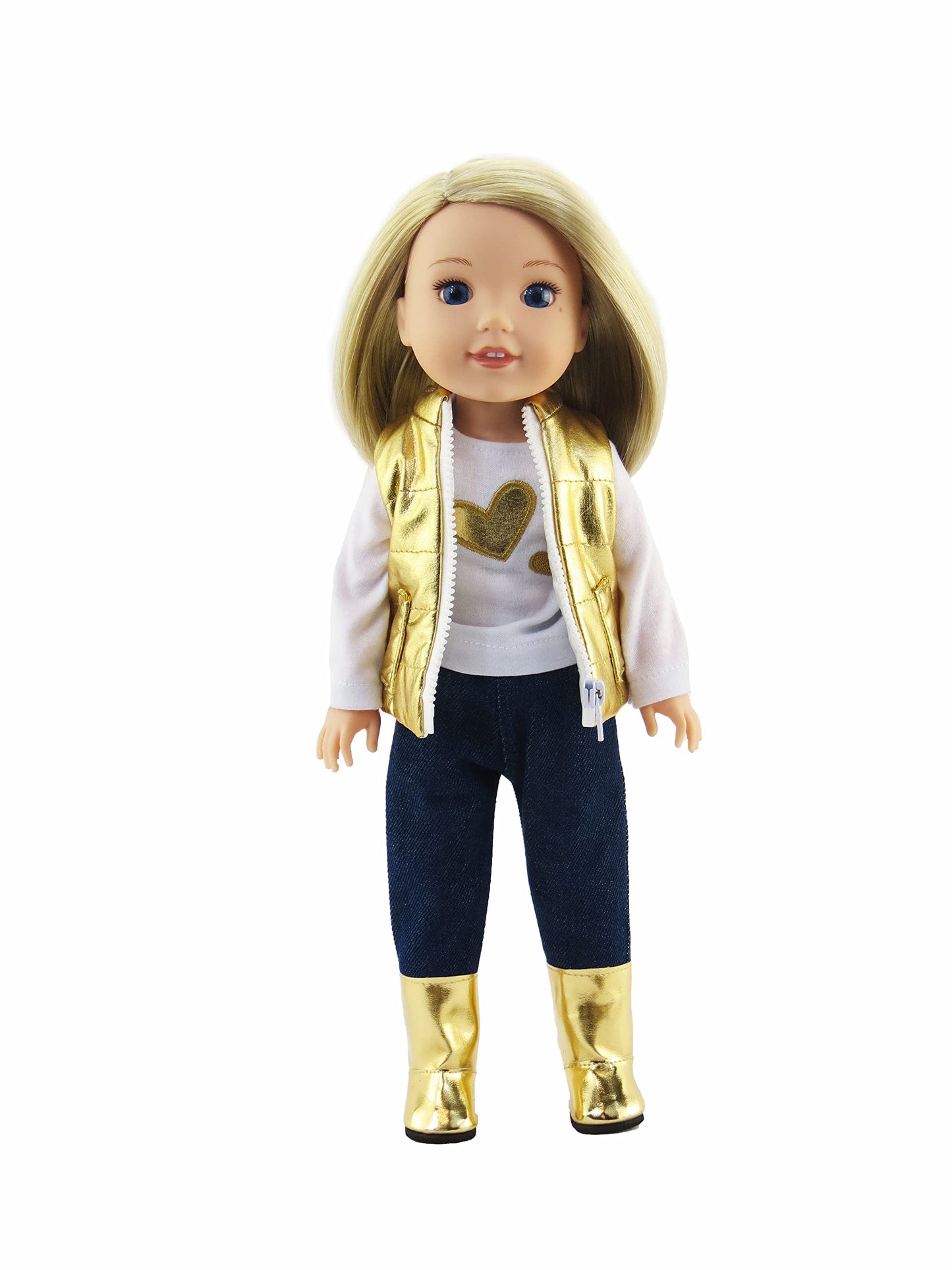American Fashion World Gold Heart Vest Outfit for 14-Inch Dolls | 4 Piece Set | enhanced Quality & Trendy Design | Dolls Clothes | Outfit Fashions for Dolls for Popular Brands