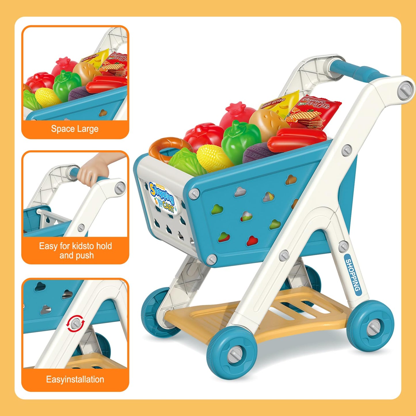 Yalujumb Kids Shopping Cart Trolley Play Set And Pretend Play Calculator Cash Register Toy With Pretend Food And Accessories,Per