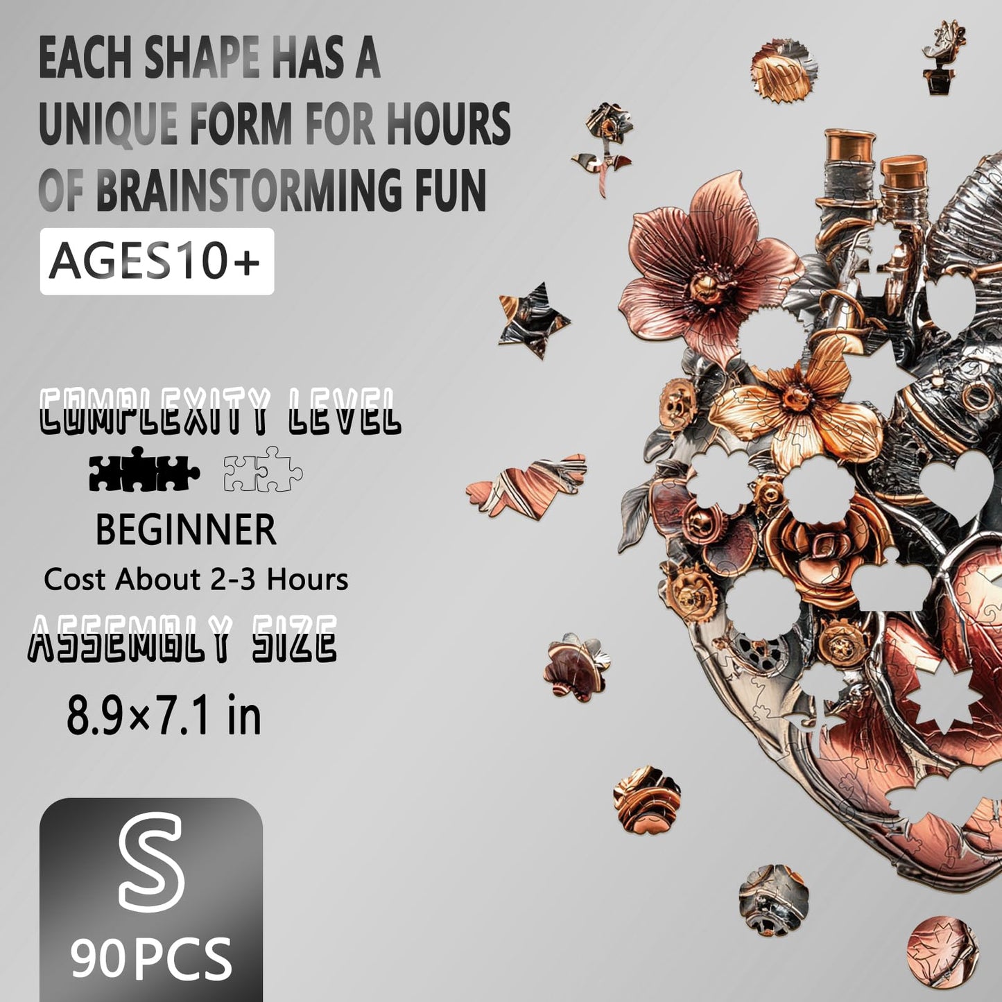 Wooden Puzzles for mature-themeds  Mechanical Heart Wooden Jigsaw Puzzle  Unique Shaped Wood Puzzles mature-themed  Fun Gifts for Mother's Day  Heart Puzzle Home Decor (M-12 * 9.6in 155 Pieces)