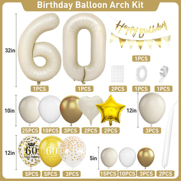 60Th Birthday Decorations Sand White Gold,60Th Birthday Balloon Arch Garland Kit With Happy 60Th Birthday Number 60 Foil Balloon