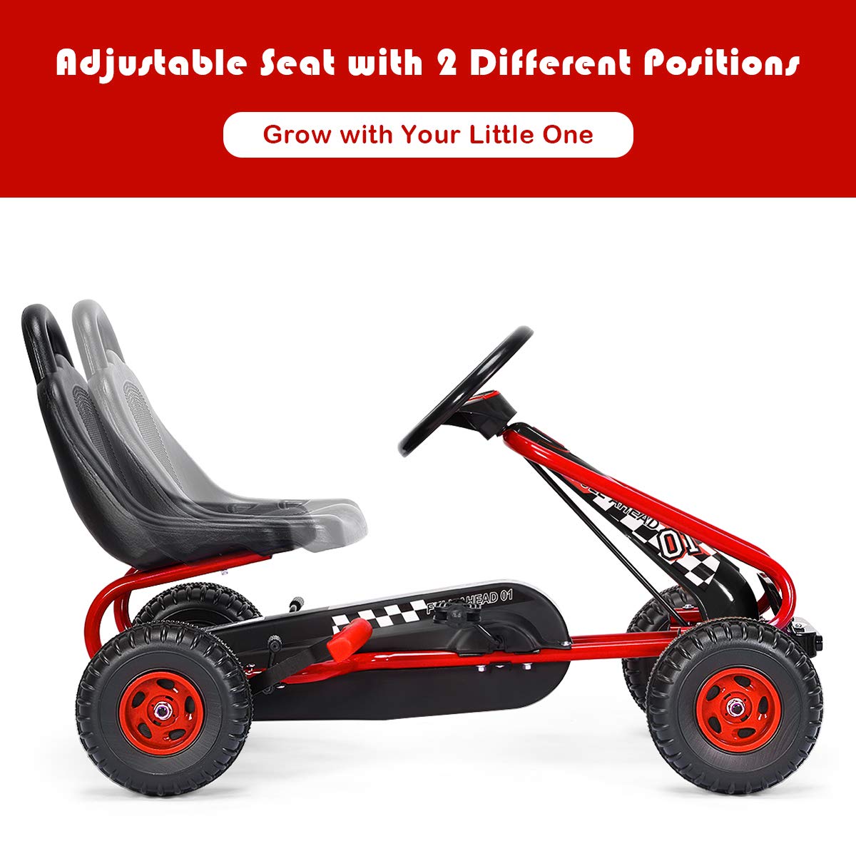 Costzon Go Kart For Kids, 4 Wheel Pedal Powered Go Cart With Adjustable Seat, Handbrake & Non-Slip Wheels, Outdoor Racer Ride On Pedal Car, Gift For Boys Girls (Red)