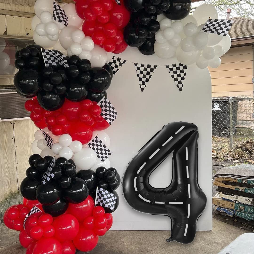 Race Car Number 4 Balloons,40 Inch Racing Car 4 Birthday Balloons Two Fast Balloon Race Track Black 4 Balloon Number For Cars Theme Birthday Party