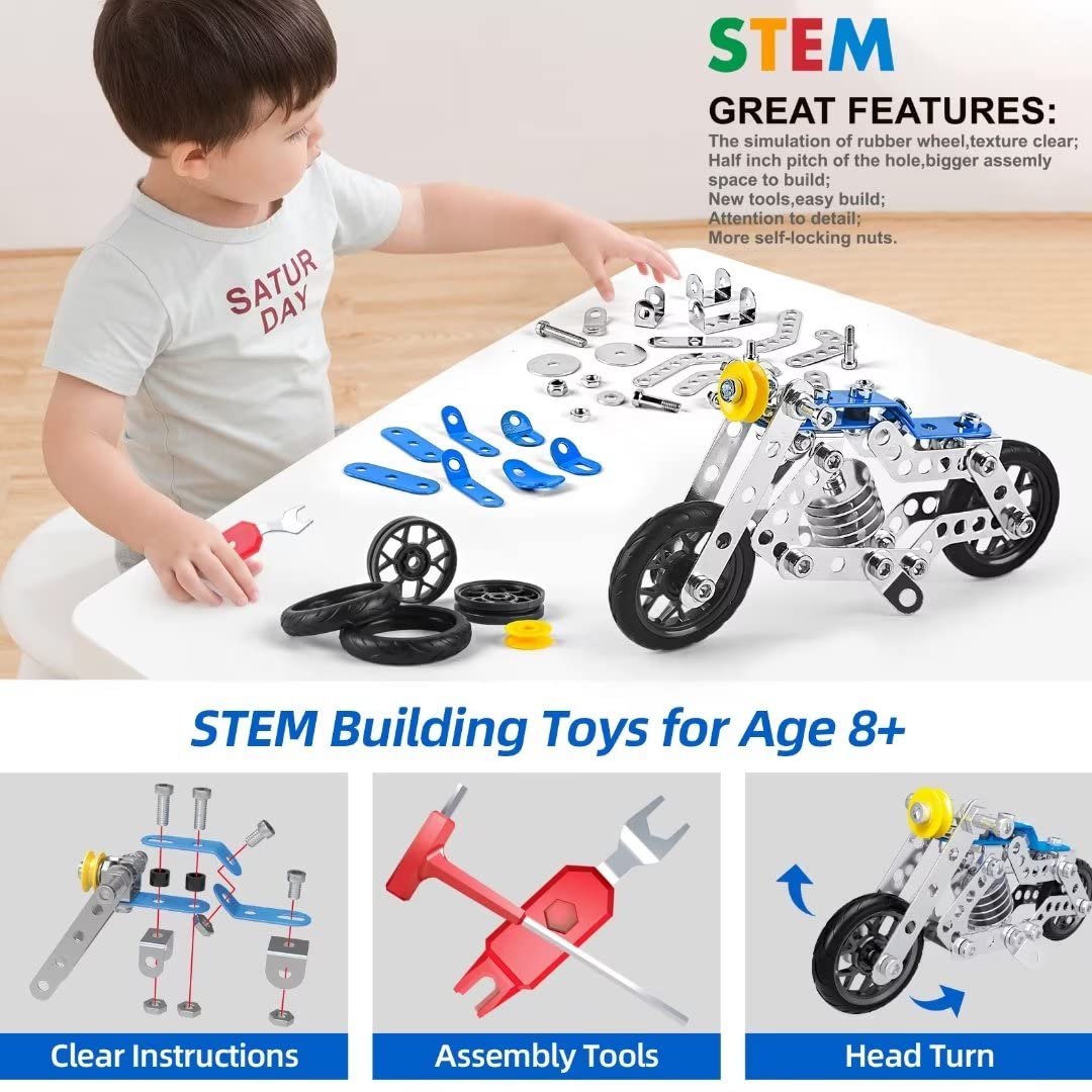 Ferthor Fun Motorcycle Erector Set, 139PCS Metal Building Blocks, STEM Toys for Kids 8-12, Model 1201, Blue