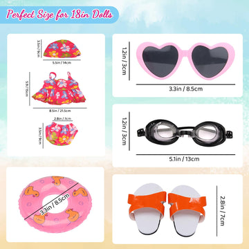 Msyo 18 Inch Doll Swimsuit Playset, Dorable Doll Summer Dress Playset For 18 Girl Dolls, Includes Doll Bikini Swimsuits, Lovely Sunglasses, Goggles, Sandals And Water Inflatable Ring