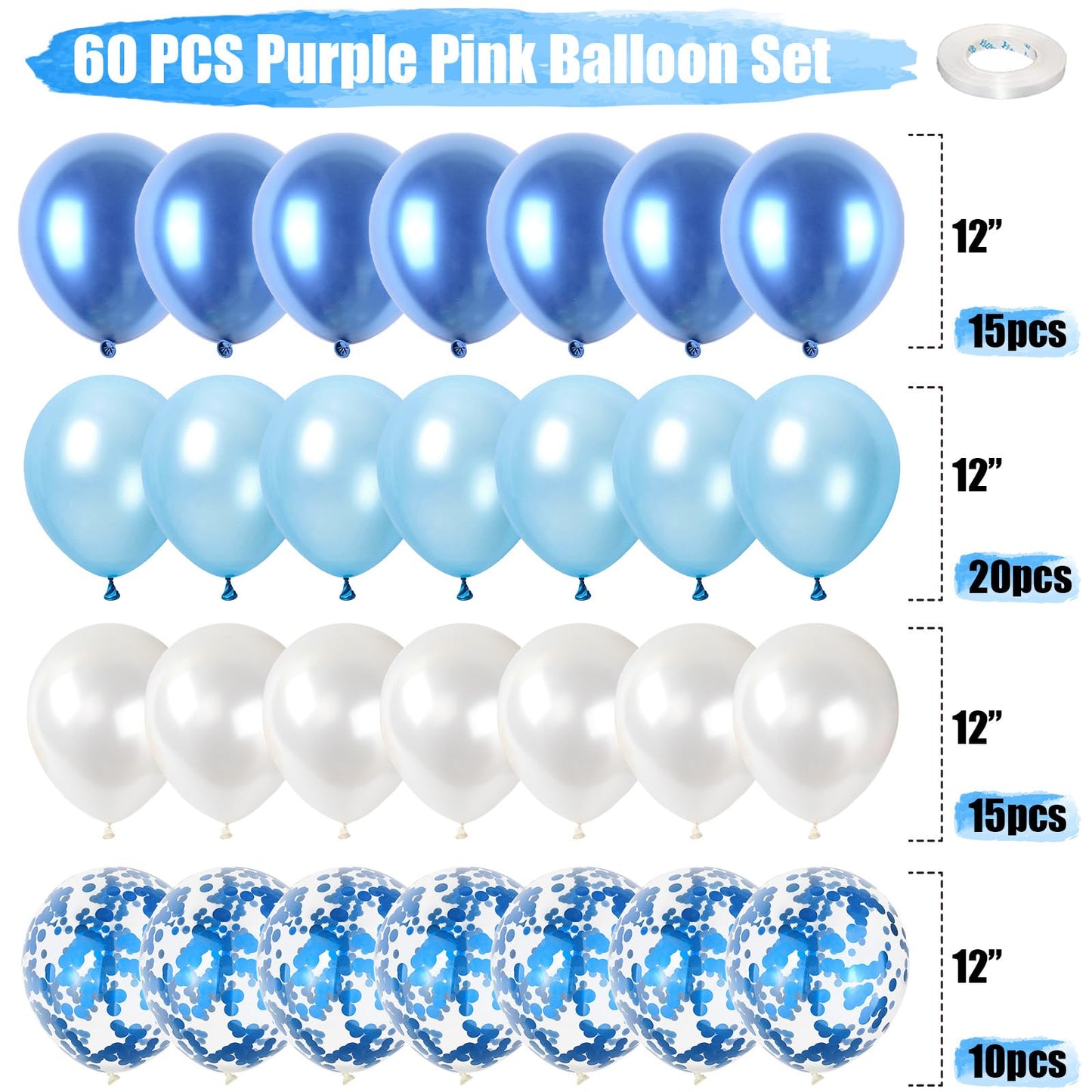Blue And White Balloons, 60 Pcs Light Blue And White Balloons Set With Blue Confetti Metallic Blue Balloons, 12 Inch Pearl White