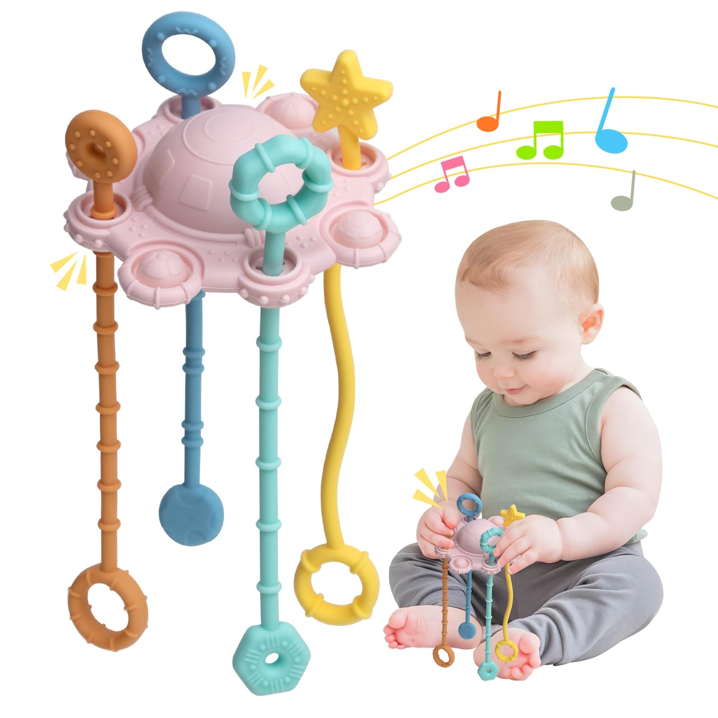 Montesorri-Toys - Pull String Toys For Baby - Made Of 100% Food Grade Silicone With Built-In Rattle Function And Easy To Clean D