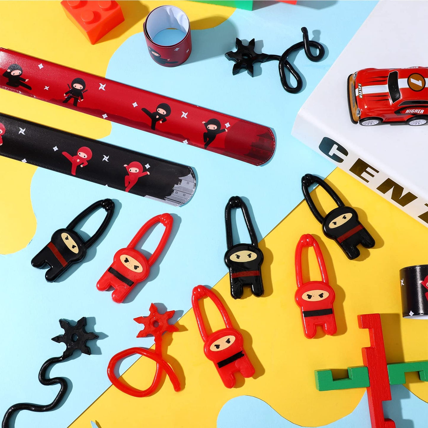 Jiuguva 72 Pcs Ninja Party Favors Toys Karate Birthday Party Supplies Include 24 Warrior Slap Bracelets 24 Stretchy Flying Ninja