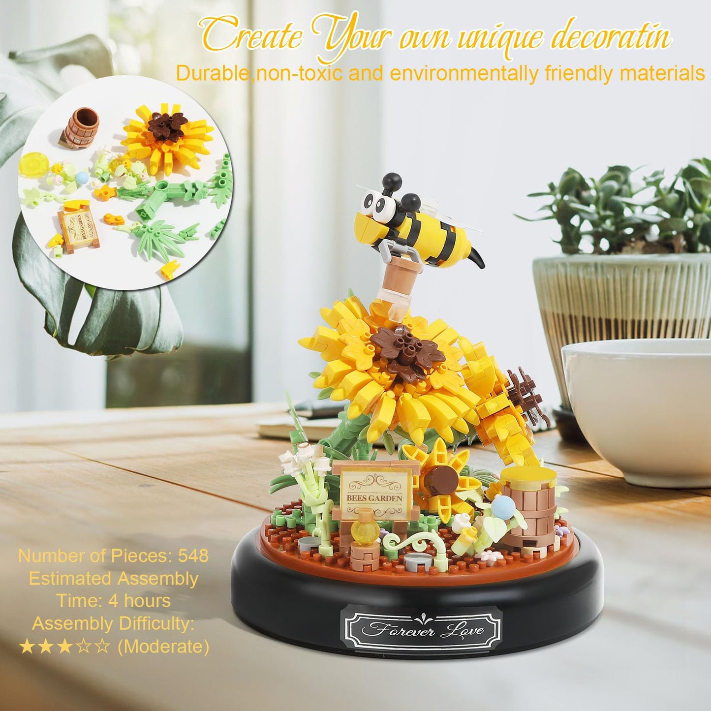 Plintone Sunflower And Bees Building Set For Adults, 548 Pcs Botanical Collection With Dust Cover, Sunflower Bonsai Blocks For W