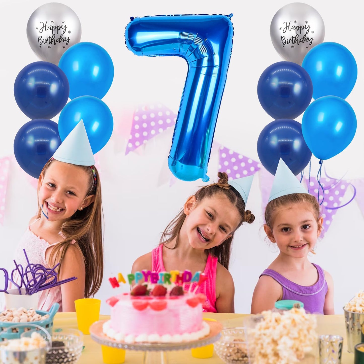 FunHot 40 Inch Blue Number 7 Balloon Set - 11Pcs Latex & Foil Balloons for 7th Birthday Party Decorations