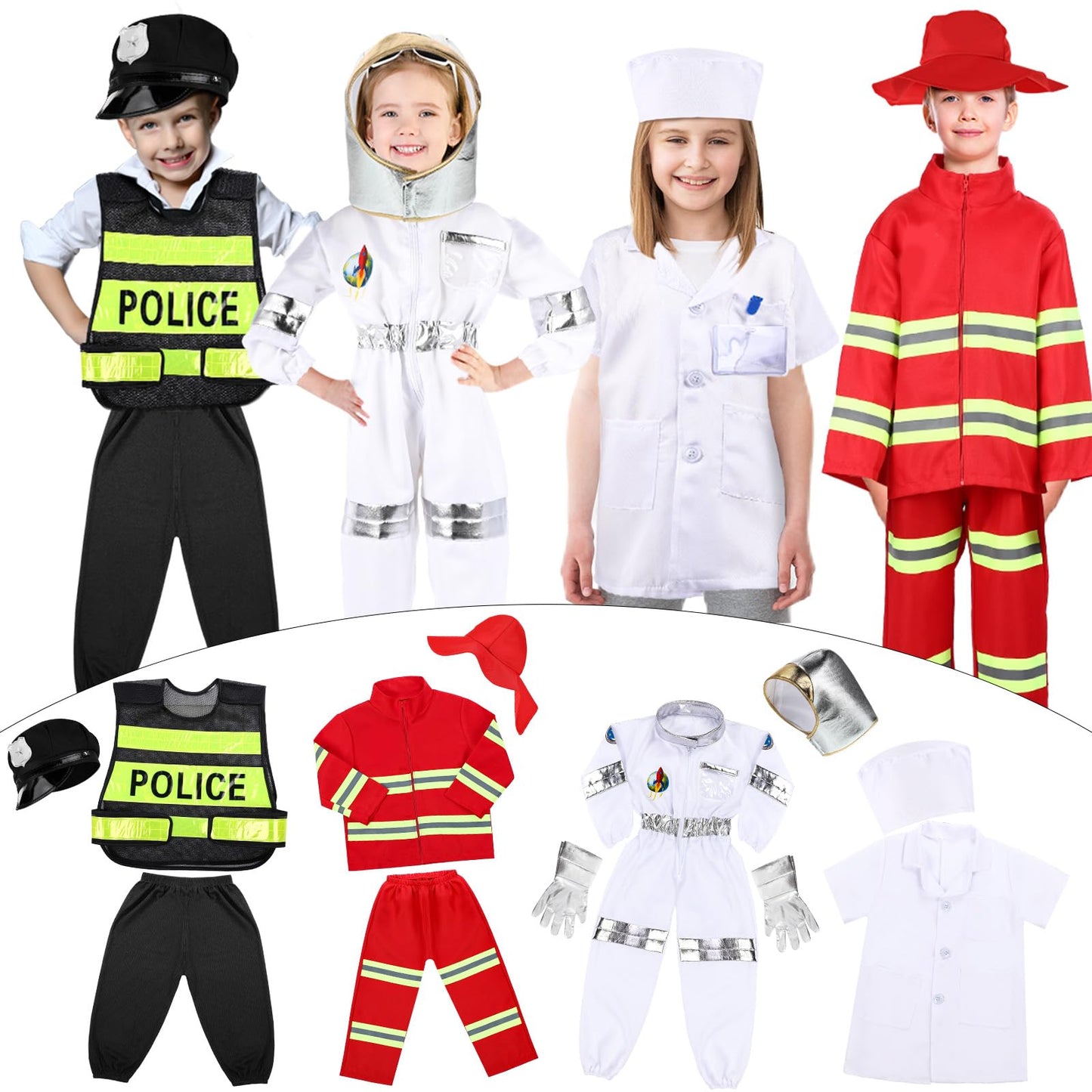 Vicenpal 4 Sets 12 Pcs Pretend Play Kids Costumes Set Christmas Gifts Role Play Costume Dress Costume For Kids Boys Girls (Firem