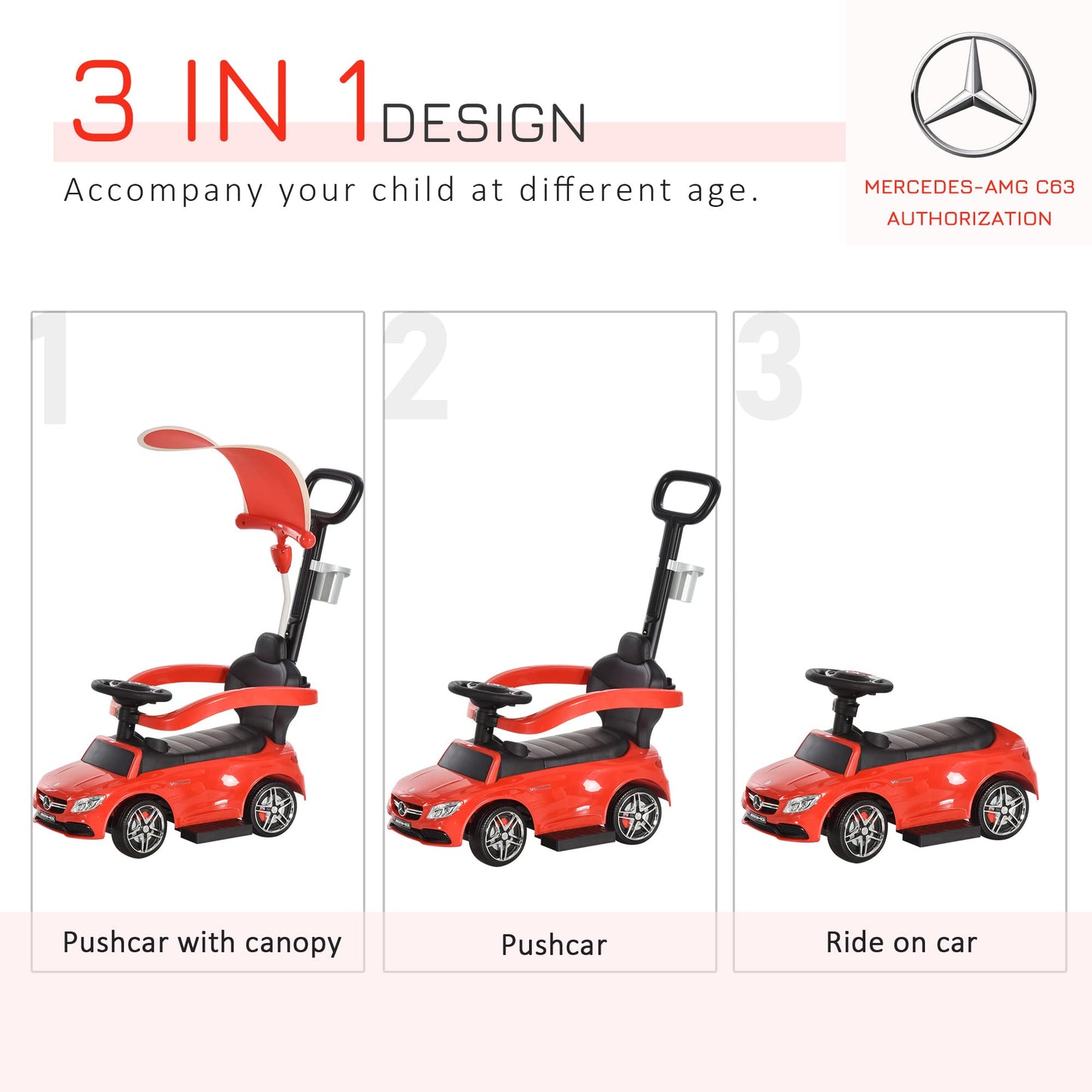 Aosom Mercedes-AMG C63 Licensed Ride on Push Cars for Toddlers, Sliding Walking Car with Sun Canopy, Horn, Music, Safety Bar, Cu