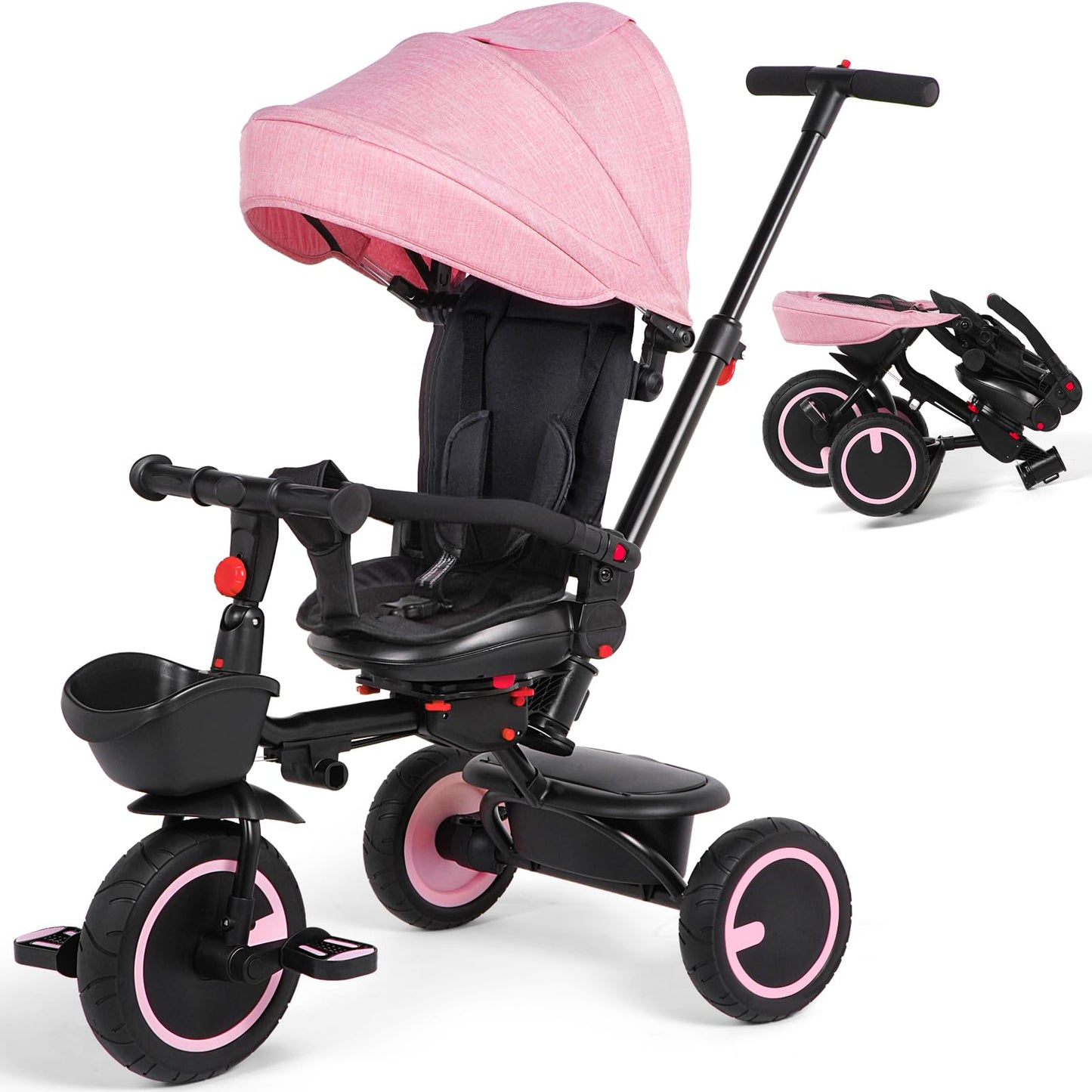 Toddler Tricycle with Push Handle for 7 Months-5 Years, Baby Tricycle with Rotatable Seat, 8 In 1 Kids Trike with Safety Harness