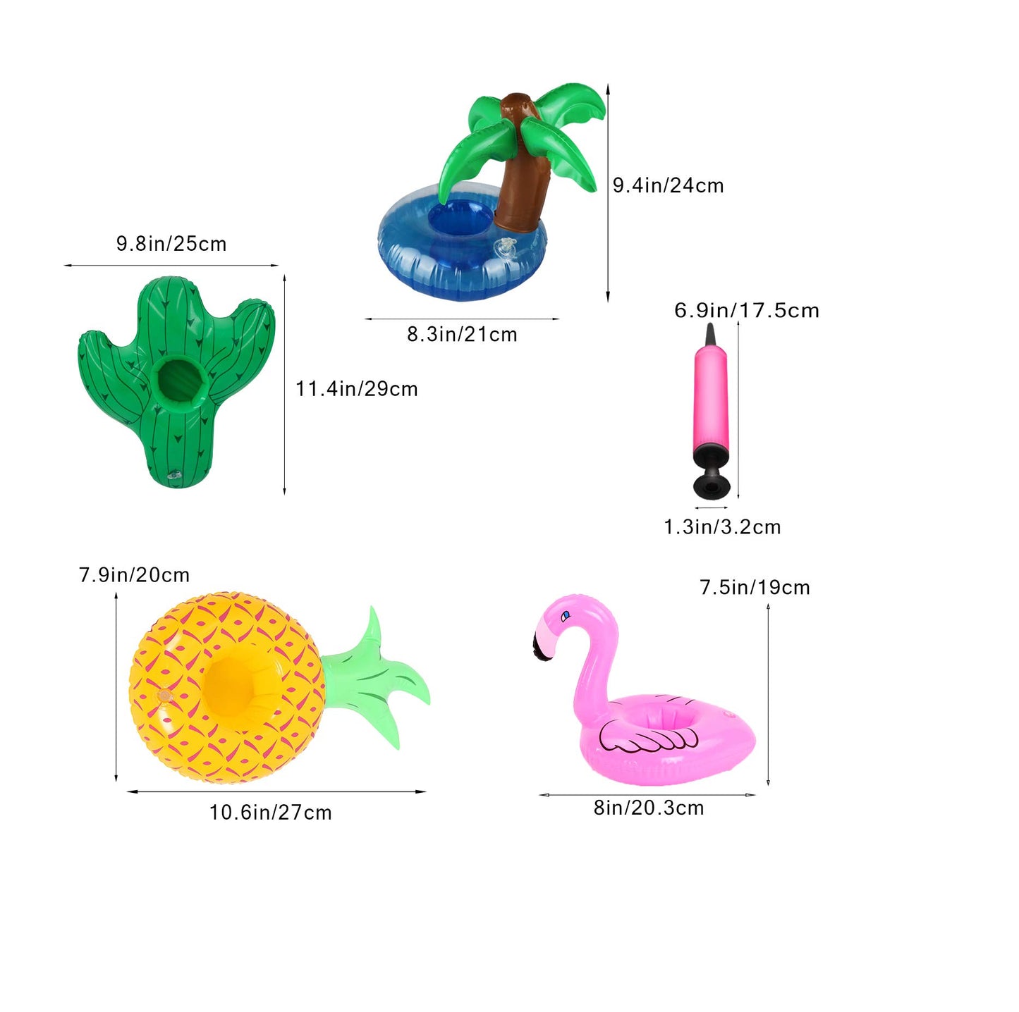 AOUTACC 12 Pack Inflatable Drink Cup Holders - Palm Tree, Flamingo, Pineapple, Cactus - Medium - Polyvinyl Chloride