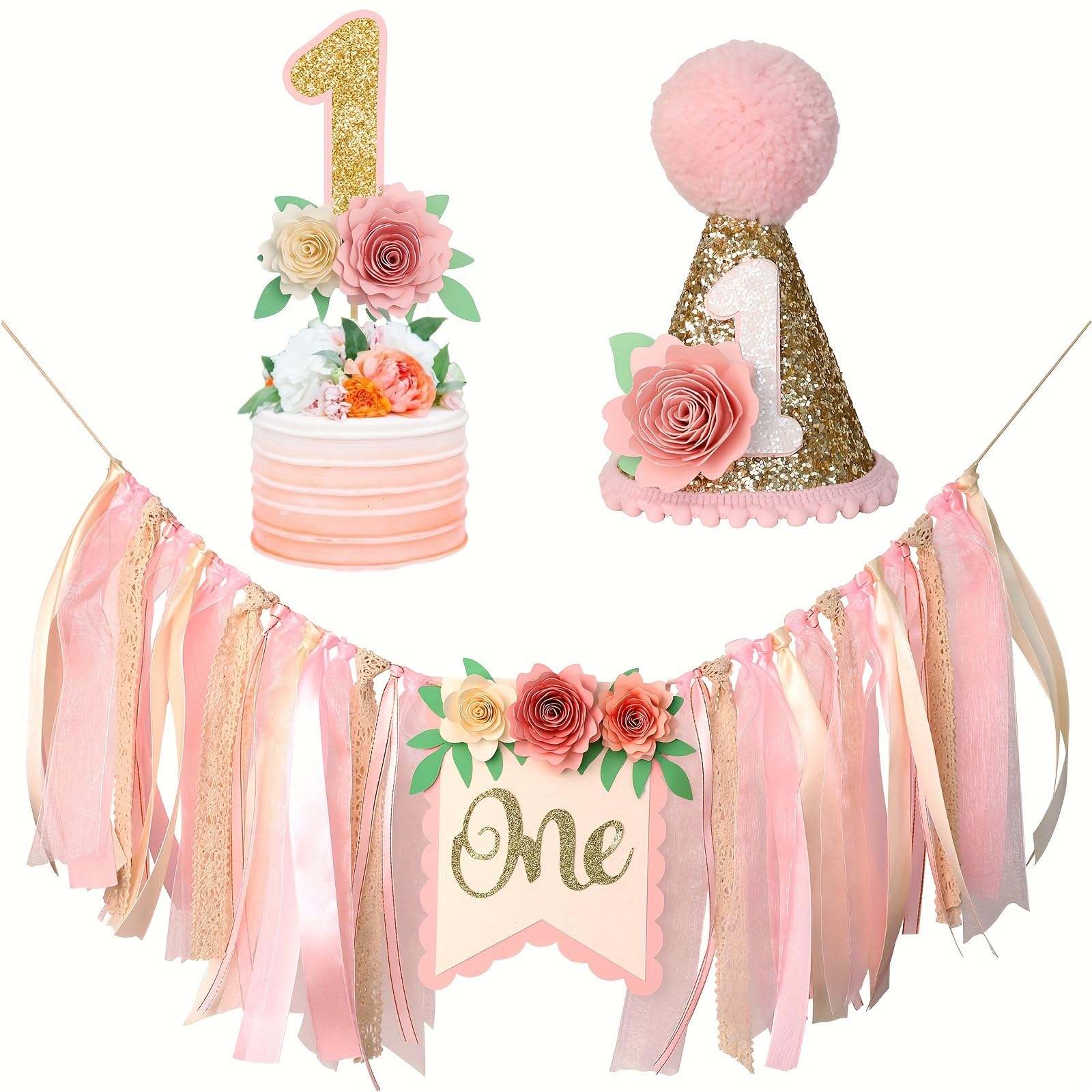 Dusty Pink 1st Birthday High Chair Floral Banner Decor Boho Floral 1st Birthday Hat Decorations Cake Topper Baby Girl Banner Bab