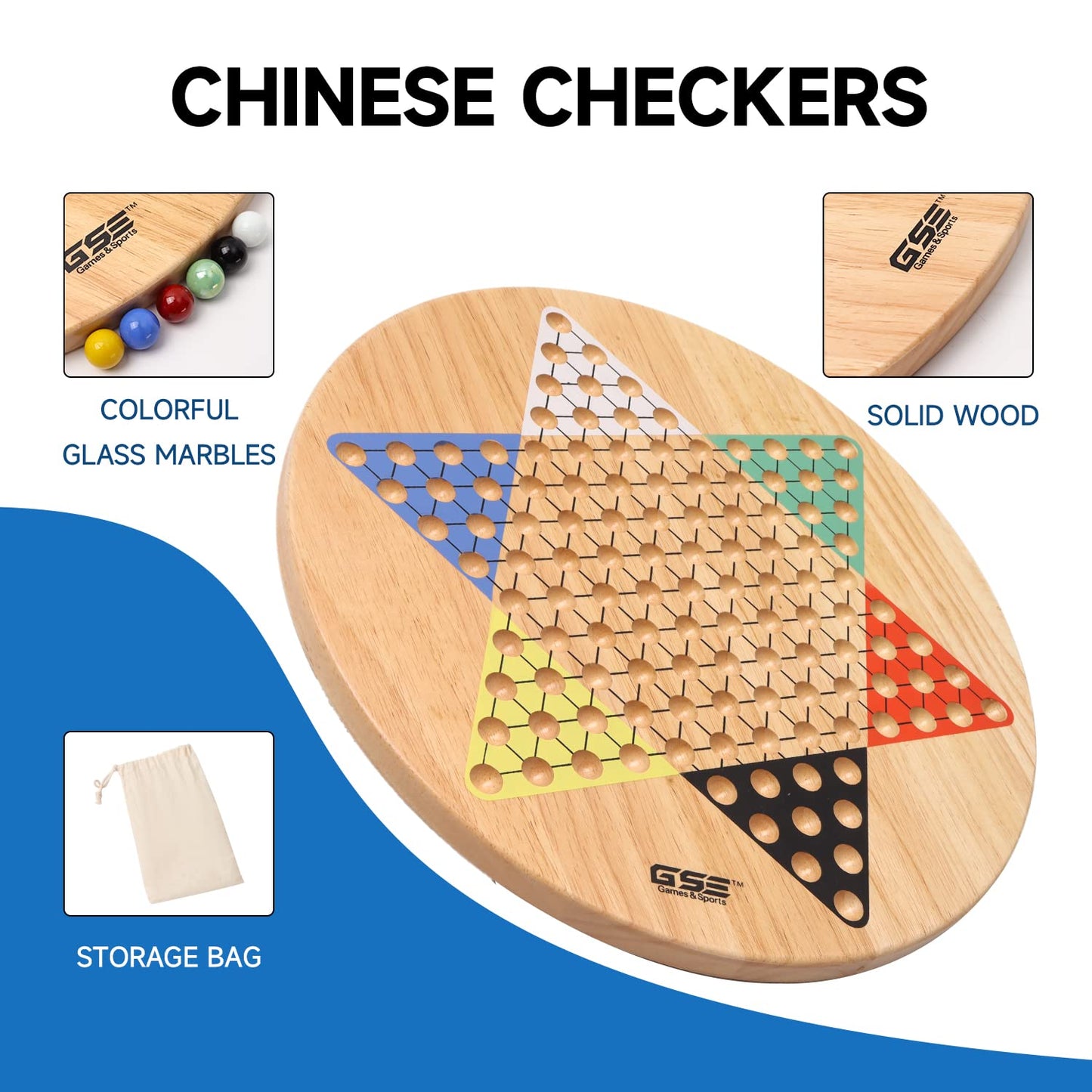 Gse Games & Sports Expert 15' Jumbo Oak Wood Chinese Checkers Board Game Set With Colorful Glass Marbles, Classic Strategy Family Board Game For Adults