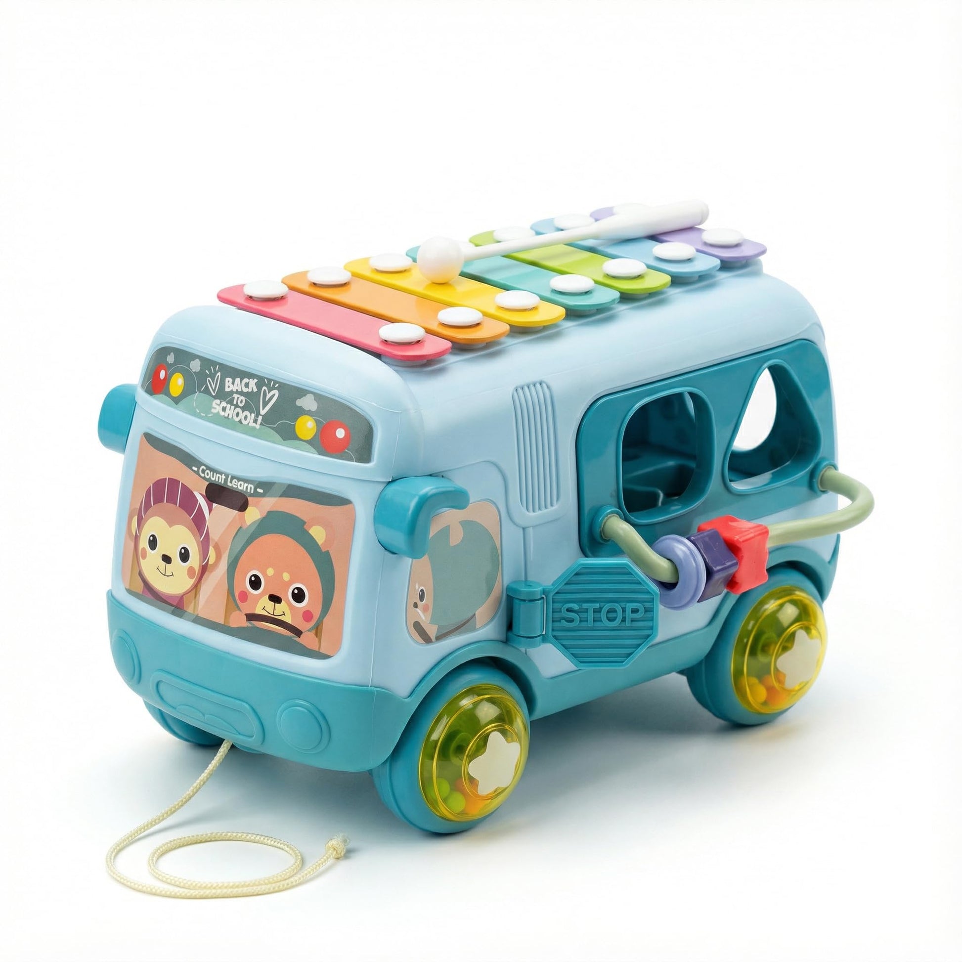 Lnu Kidz Pull Along Activity Bus Toy For Toddlers (18 M+) Shape Sorter, Xylophone & Bead Maze Montessori Inspired Learning Toy