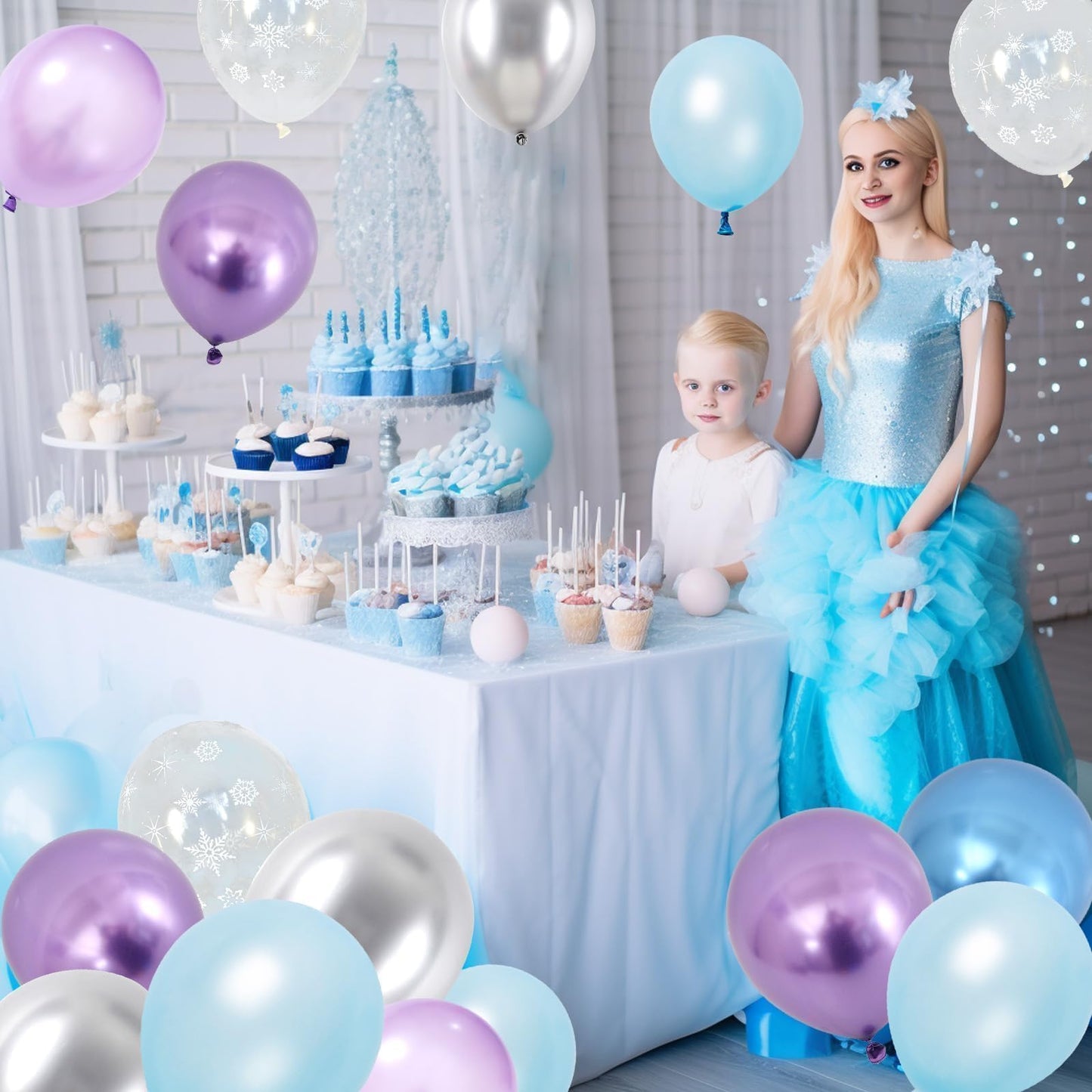 Blue Purple Silver Balloons, 60Pcs Frozen Balloons Metallic Purple Blue Silver Balloons With Pearl Blue Purple Snowflake Print P