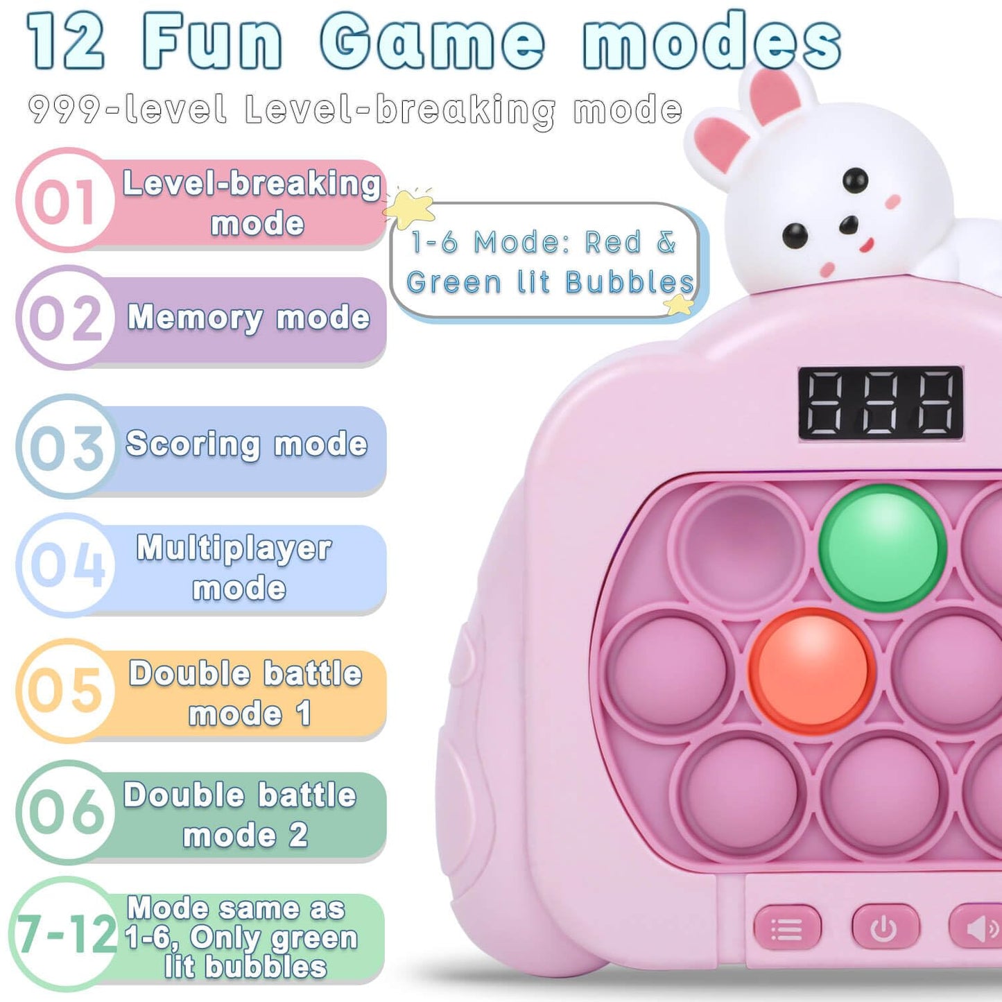 HLXY Quick Push Pop Game Fidget Toy - Upgraded Light Up, 12 Modes, Medium Size, Pink, ABS Material, Ideal for Kids 3-12, Great Gift