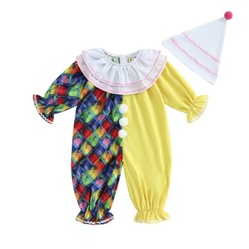 Aiwpstoin Toddler Baby Clown Costume Boy Girl Funny Halloween Outfit Contrast Color Long Sleeve Jumpsuit with Hat (Yellow, 18-24