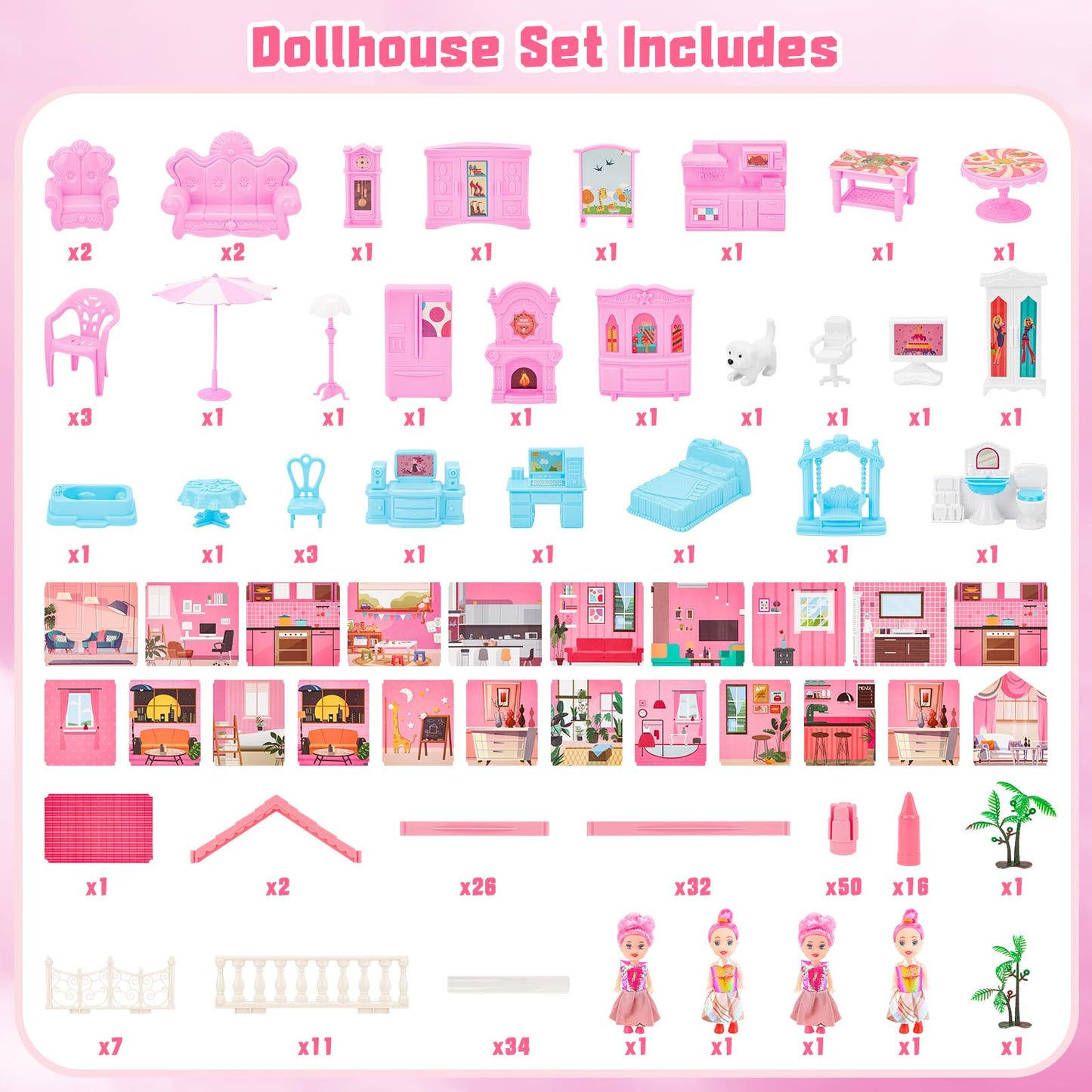 Deao Dollhouse Princess Girl Toys 4-Story 14 Rooms Kids Play Dollhouse Playset With 4 Dolls,Furniture & Accessories,Princess Castle Dollhouse Toy For 3 4 5 6 7 8 Kids Girls Toys