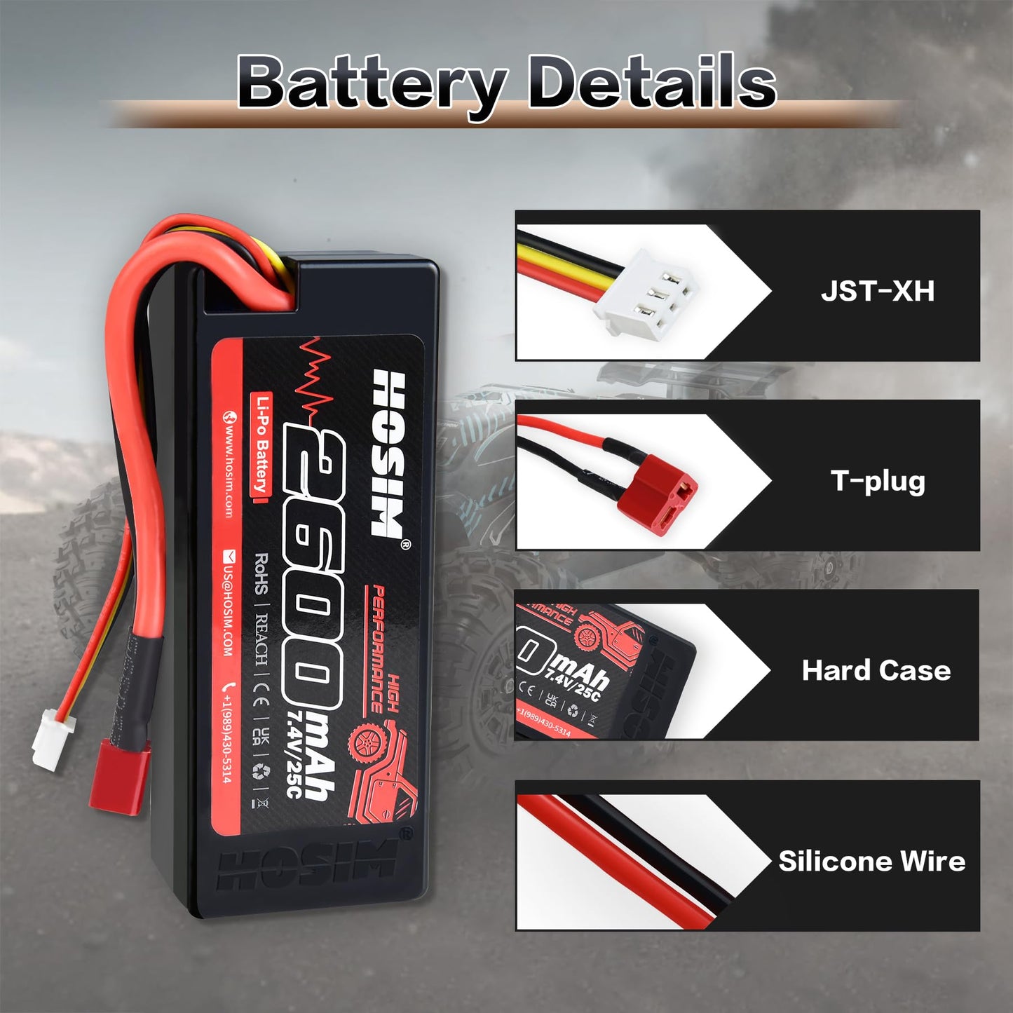 Hosim 7.4V 2600Mah Lipo Battery 25C Rc Car Truck Rc Vehicles Boat Battery Fit For X08 X07 X07W High Speed Rc Cars 1/10 Scale Rem