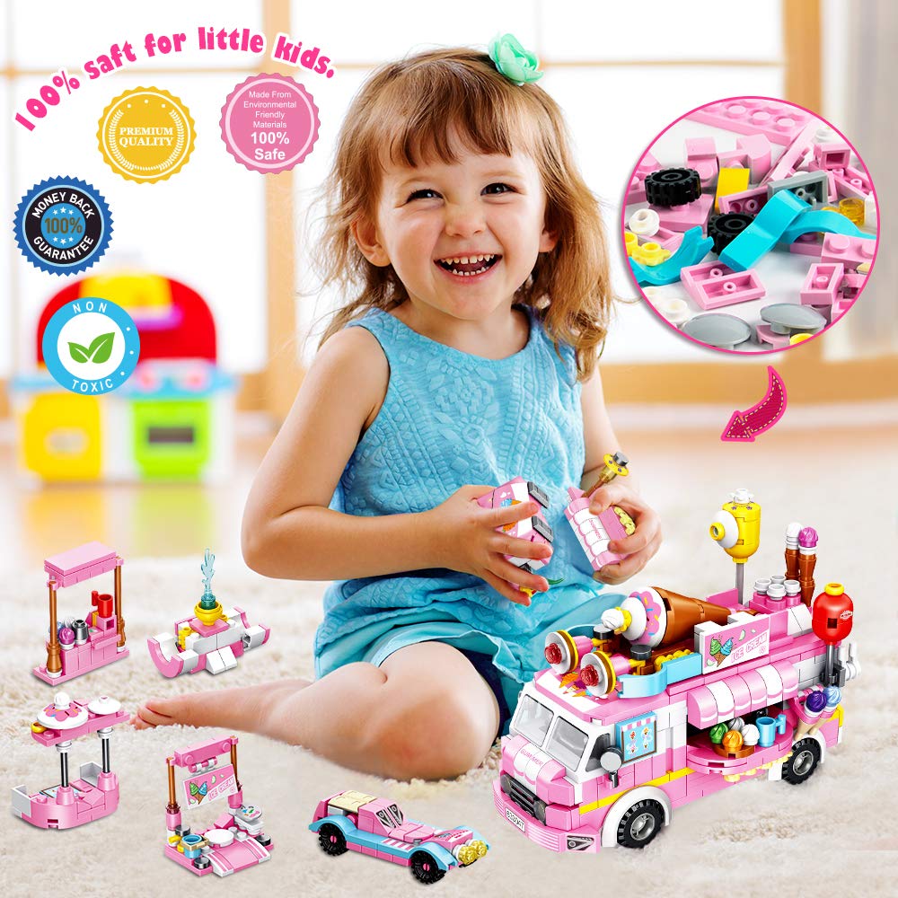 Vatos Girls Building Blocks Toys - 553 Pieces Ice Cream Truck Set Toys for Girls 25 Models Pink Building Bricks Toys STEM Toys V
