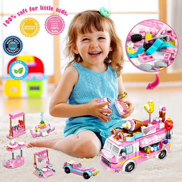 Vatos Girls Building Blocks Toys - 553 Pieces Ice Cream Truck Set Toys for Girls 25 Models Pink Building Bricks Toys STEM Toys V