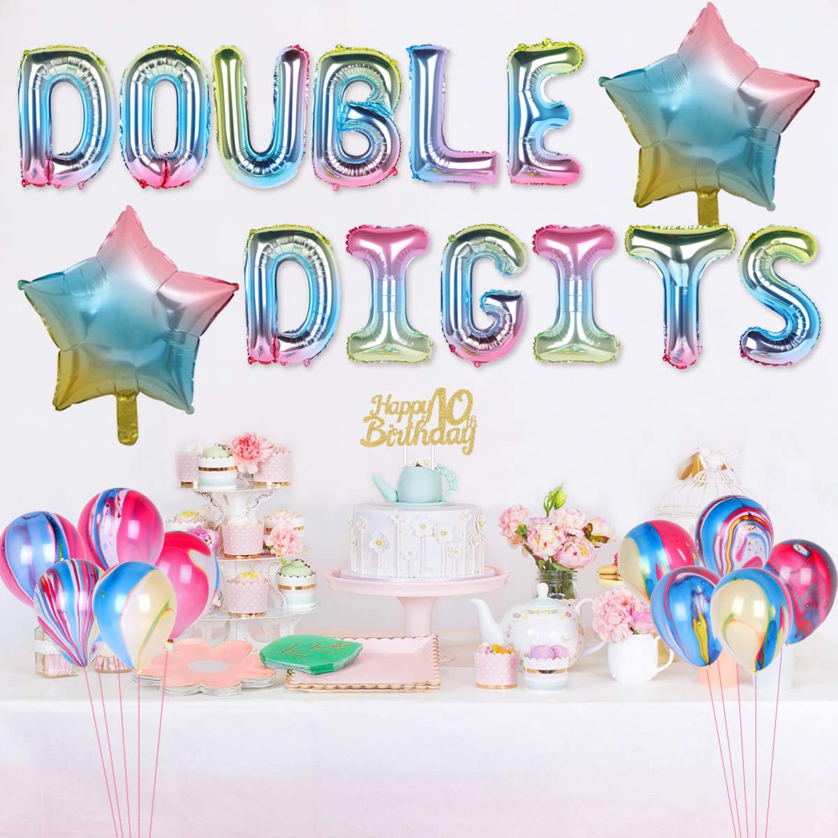 Rainbow 10Th Birthday Decorations For Girls Double Digits Birthday Party Decorations Banner Number 10 Balloon Star Balloons