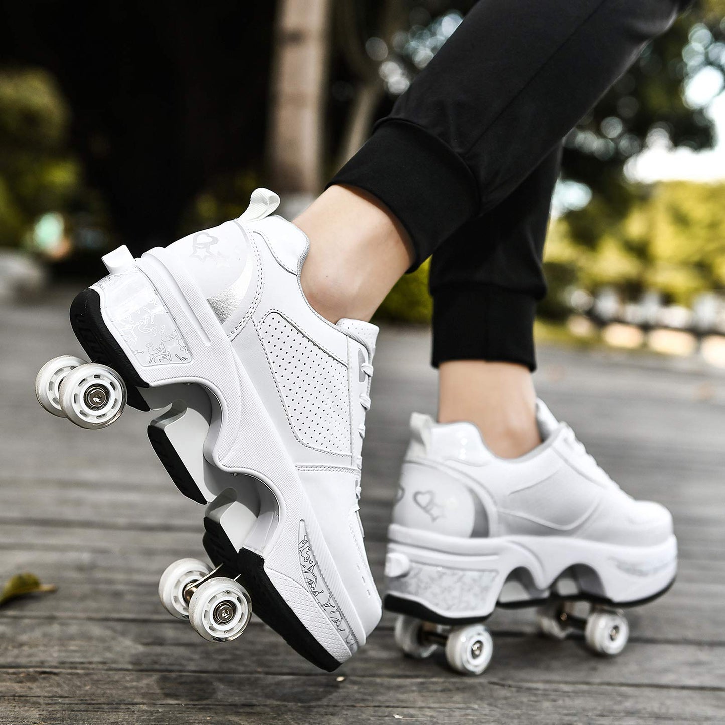 Double-Row Deform Wheel Automatic Walking Shoes Invisible Deformation Roller Skate 2 in 1 Removable Pulley Skates Skating Parkour (White Silver  US 7)