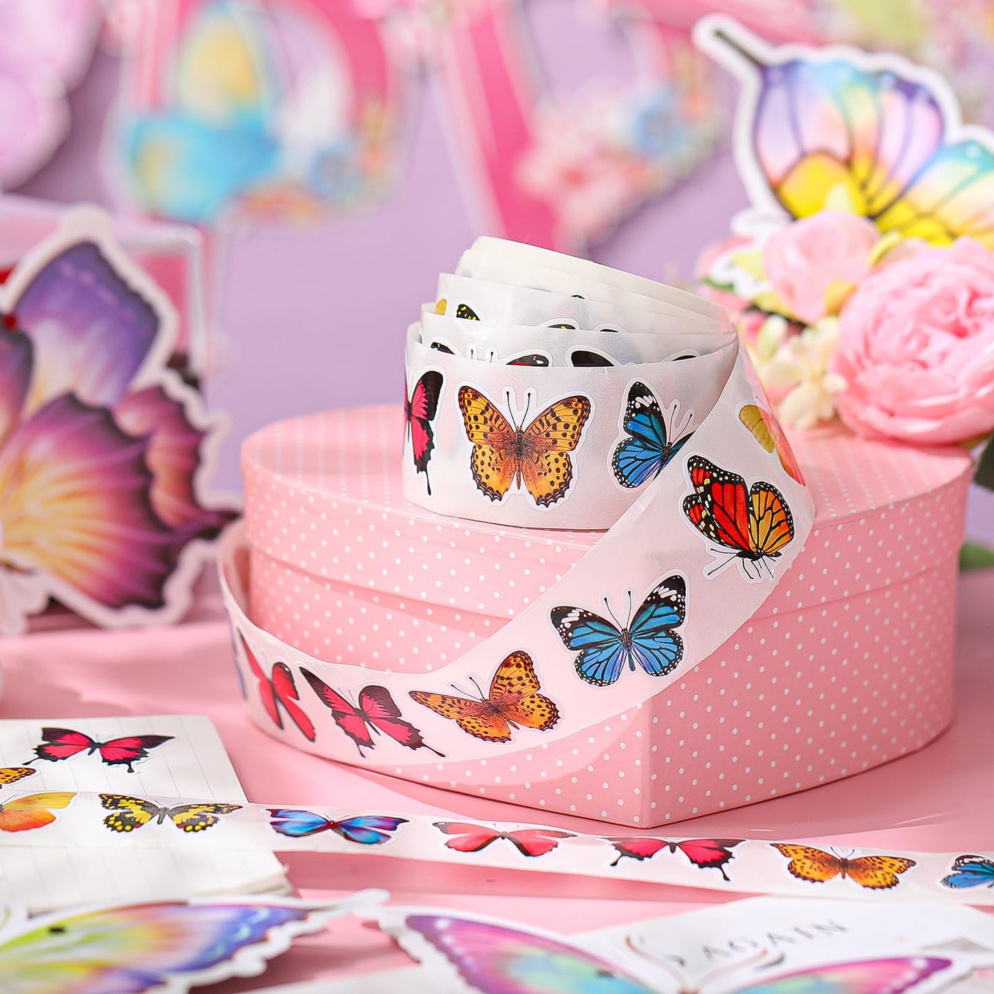 Feifeiya 500 Pcs Butterfly Stickers 1.5 Inch Butterfly Gift Sticker Roll Colorful Self-Adhesive Label Decals for Gifts Cards Scr