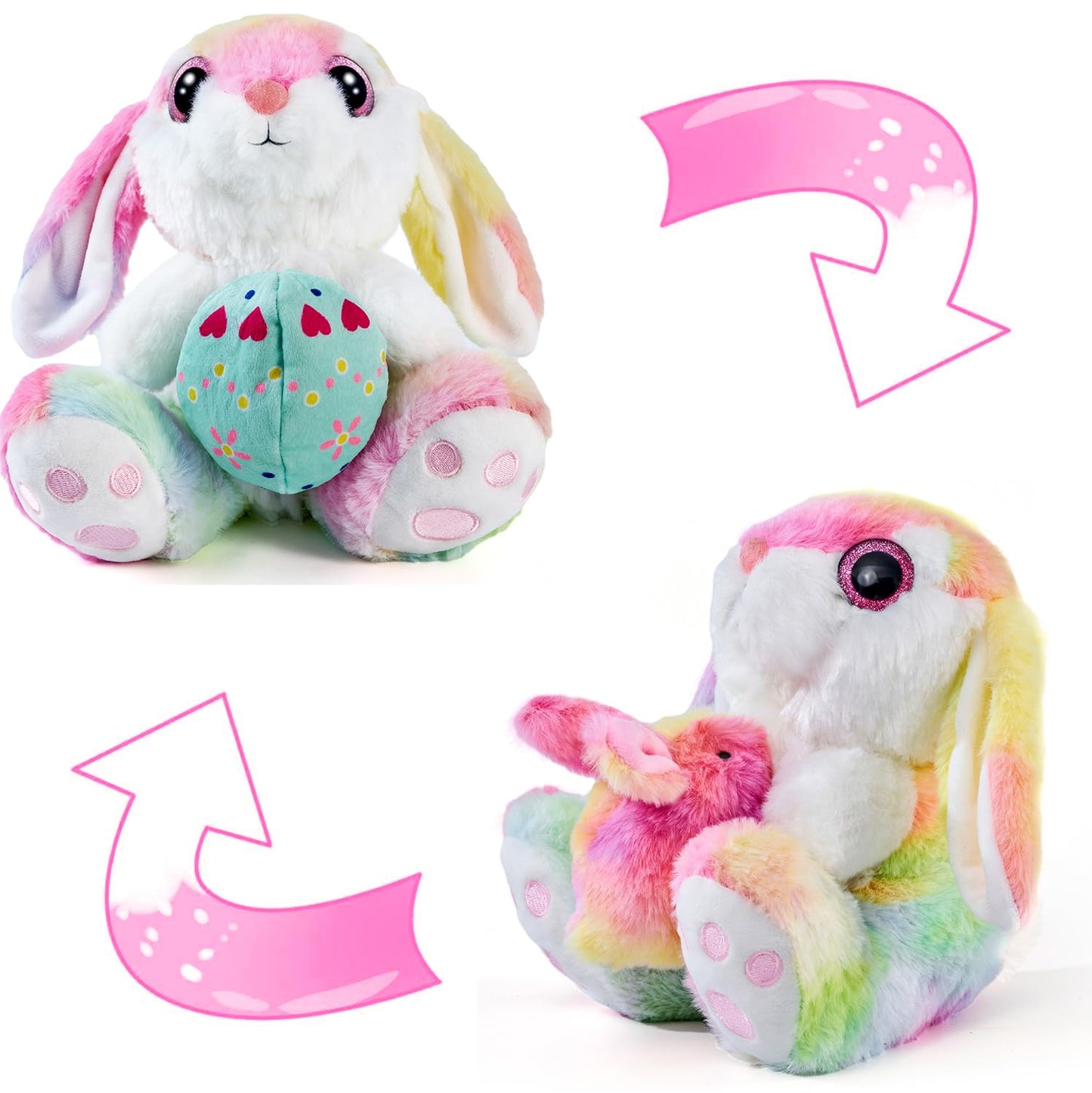 Nleio Easter Stuffed Bunny With Egg(Reversible), 8.5'' Plush Rabbit With Floppy Ears, Huggable & Washable Easter Stuffed Animals
