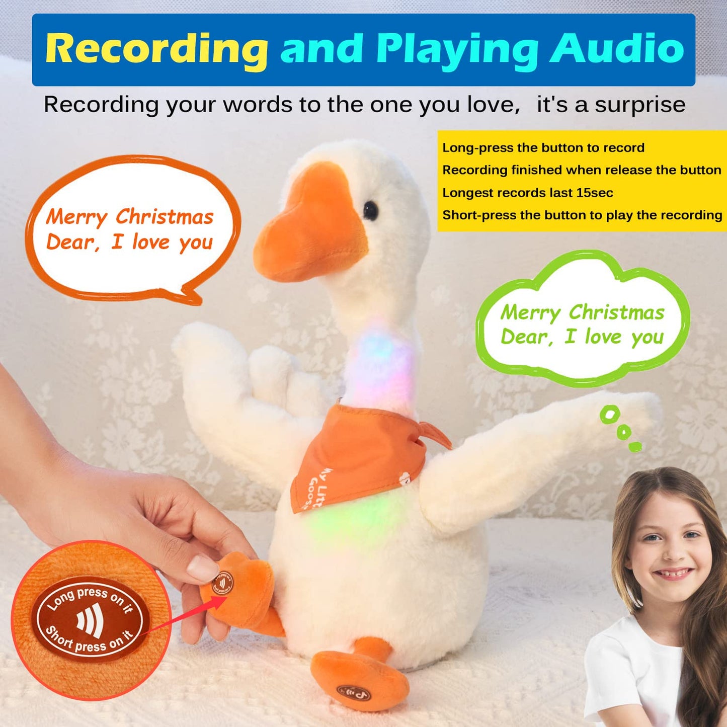 13' Talking Dancing Goose Swan Stuffed Animal Repeating What You Say Mimicking Recording Plush Baby Toy Musical English Song Singing Glowing Animated Twisting Gift Toy For Boy Kid