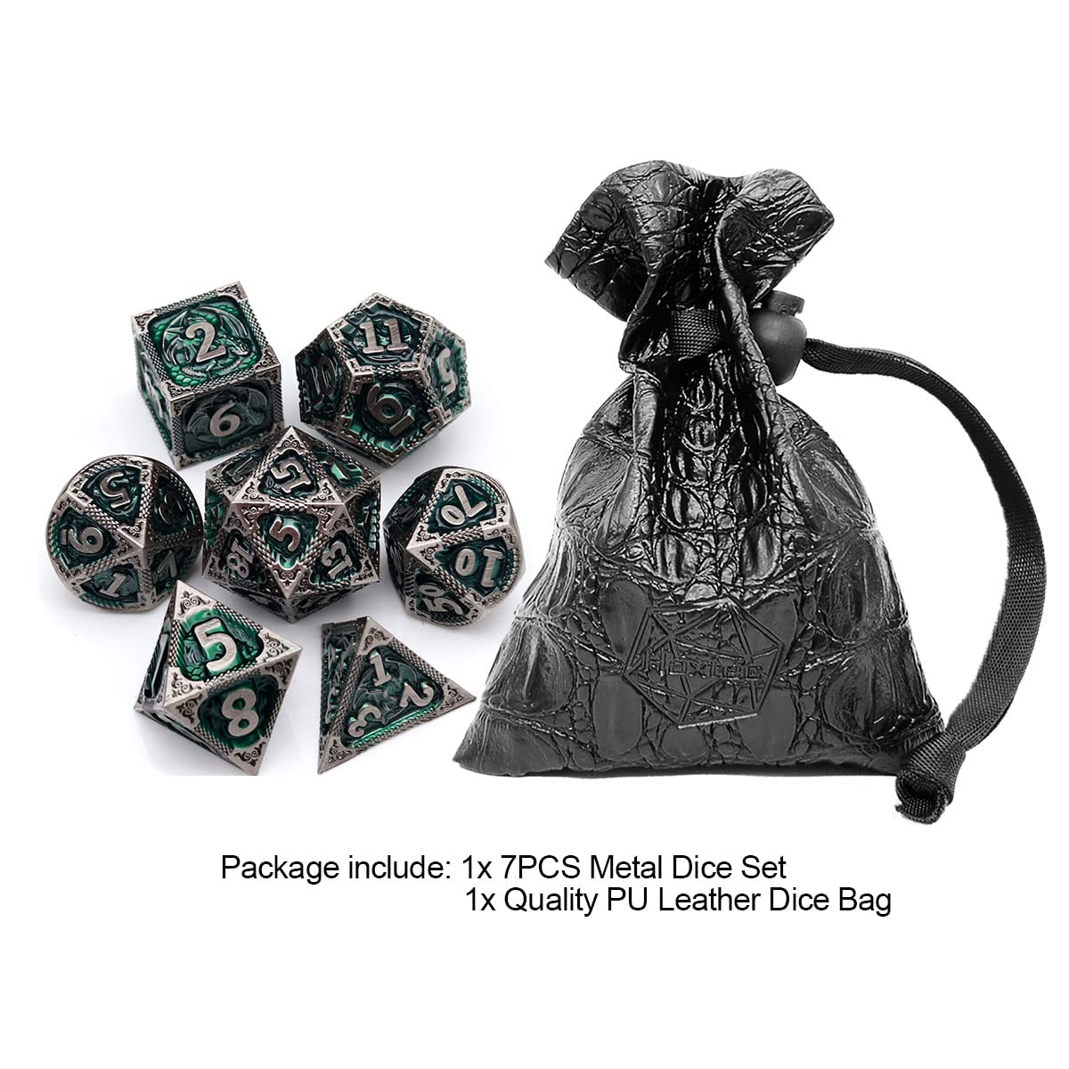 Haxtec DND Dice Set Metal D&D Dice Set with Leather Dice Bag Antique Iron Green Metal Polyhedral Dice for Dungeons and Dragons T