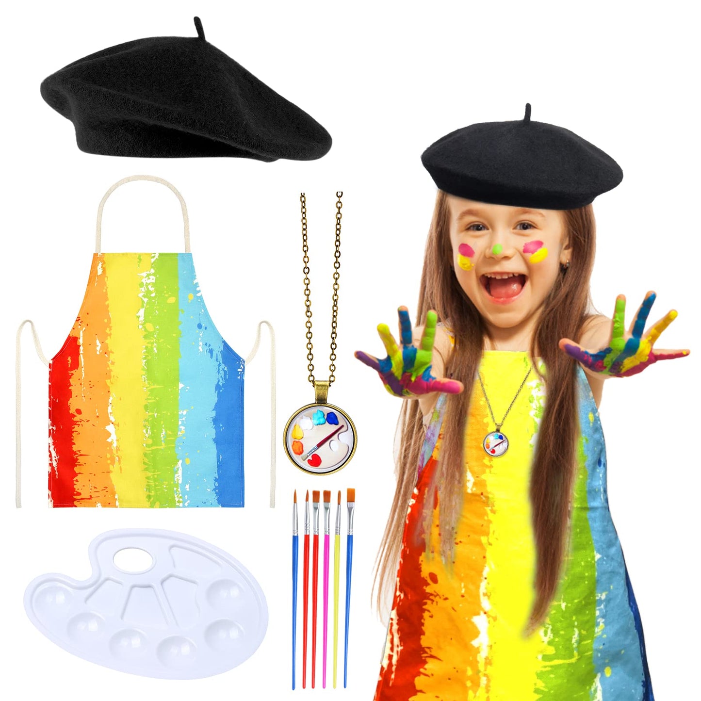 Keymall Kids Artist Costume Accessories Set Painter Dress-Up With Beret Hat Tie Dye Apron For Halloween Career Day Costume (Set B)