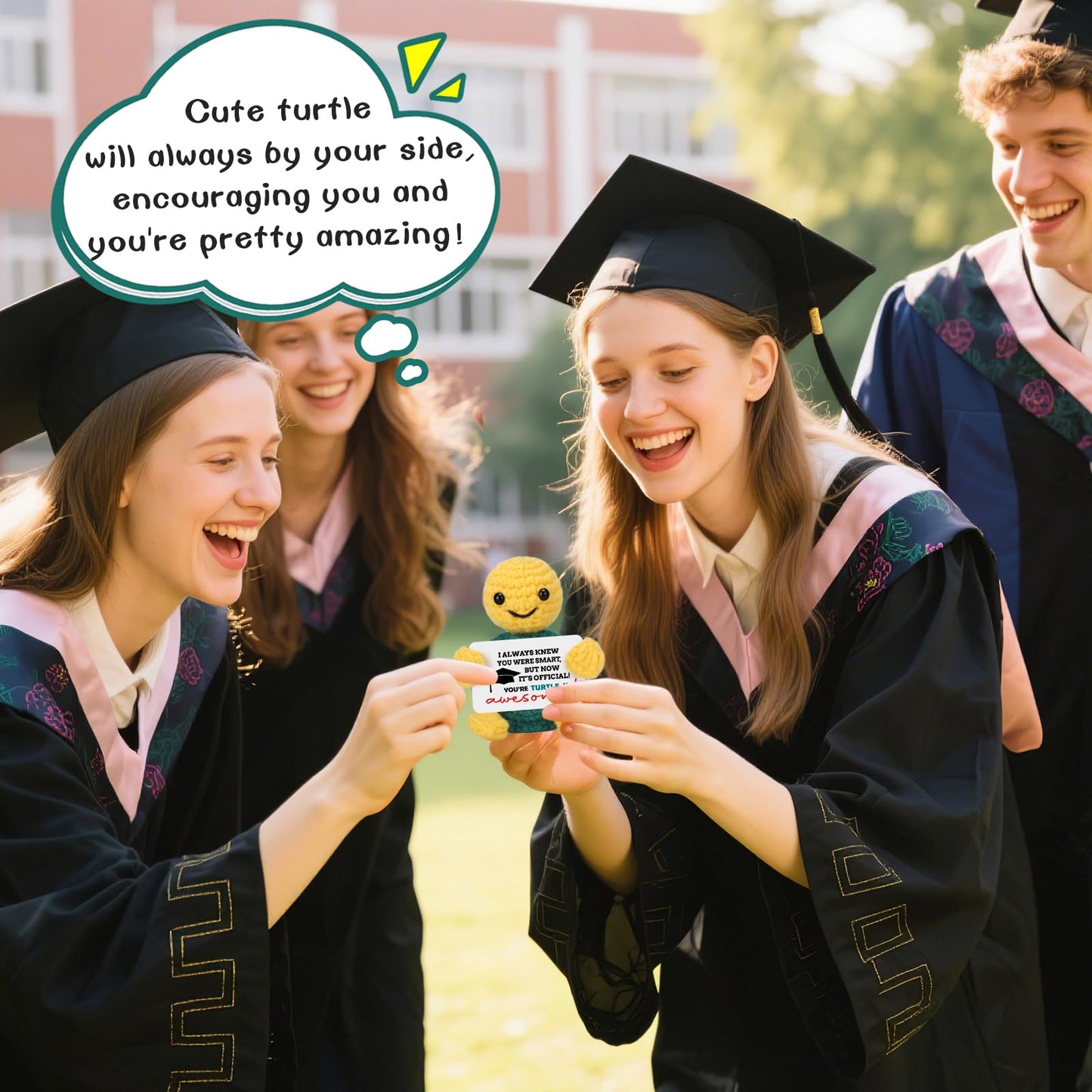 NEVERNERVE Funny Turtle Graduation Gift - Handmade Crochet Turtle, 3.5 inches, Yellow - Perfect for 2025 College Graduation Celebrations