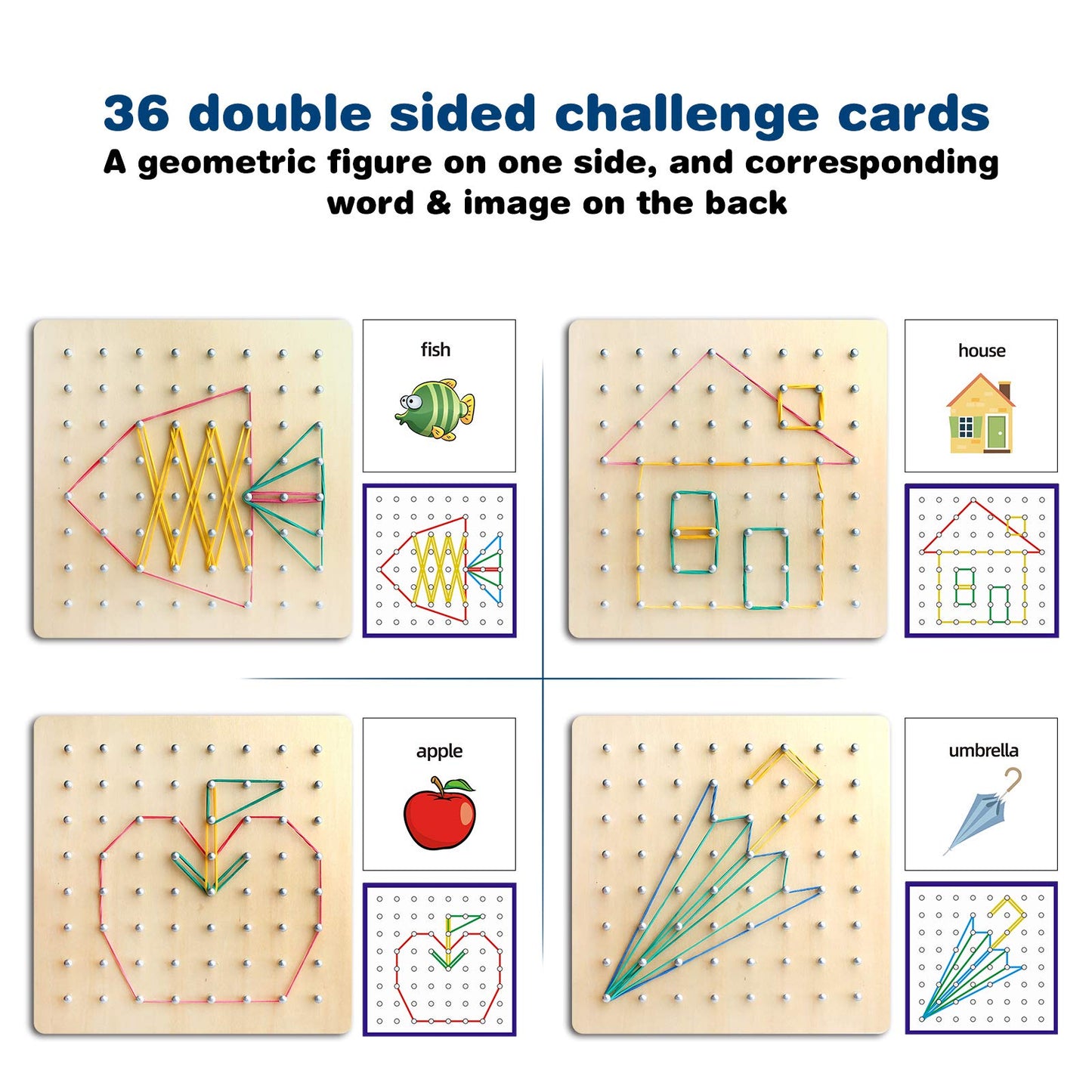 Thoth Montessori Geoboard - 36 Pattern Cards & Rubber Bands, 8x8 Educational Toy, Multicolor Rubber
