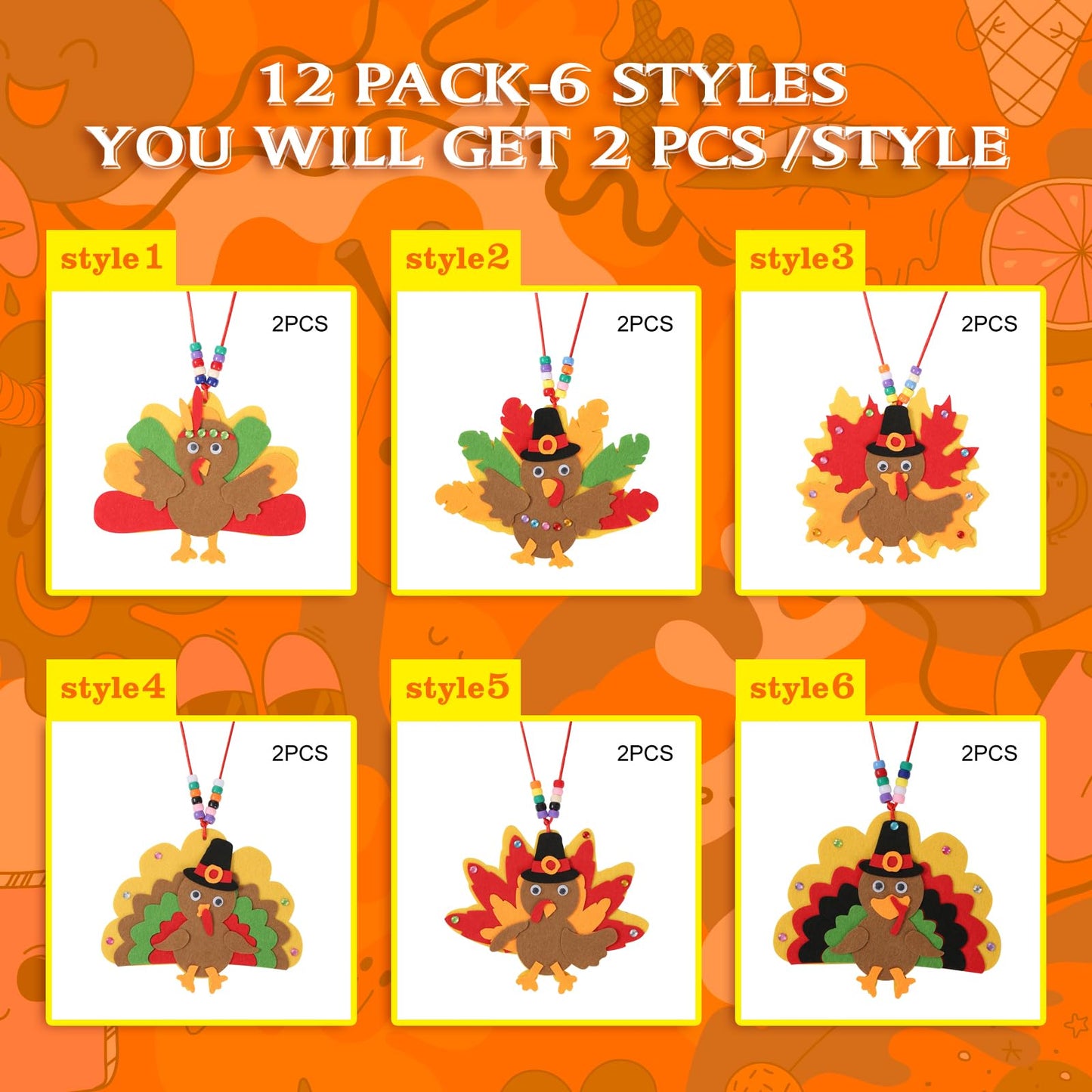 12 Pack DIY Thankful Necklace Turkey Craft, Thanksgiving Necklace Crafts Bulk with 6 Styles, Thanksgiving Activities Fall Party