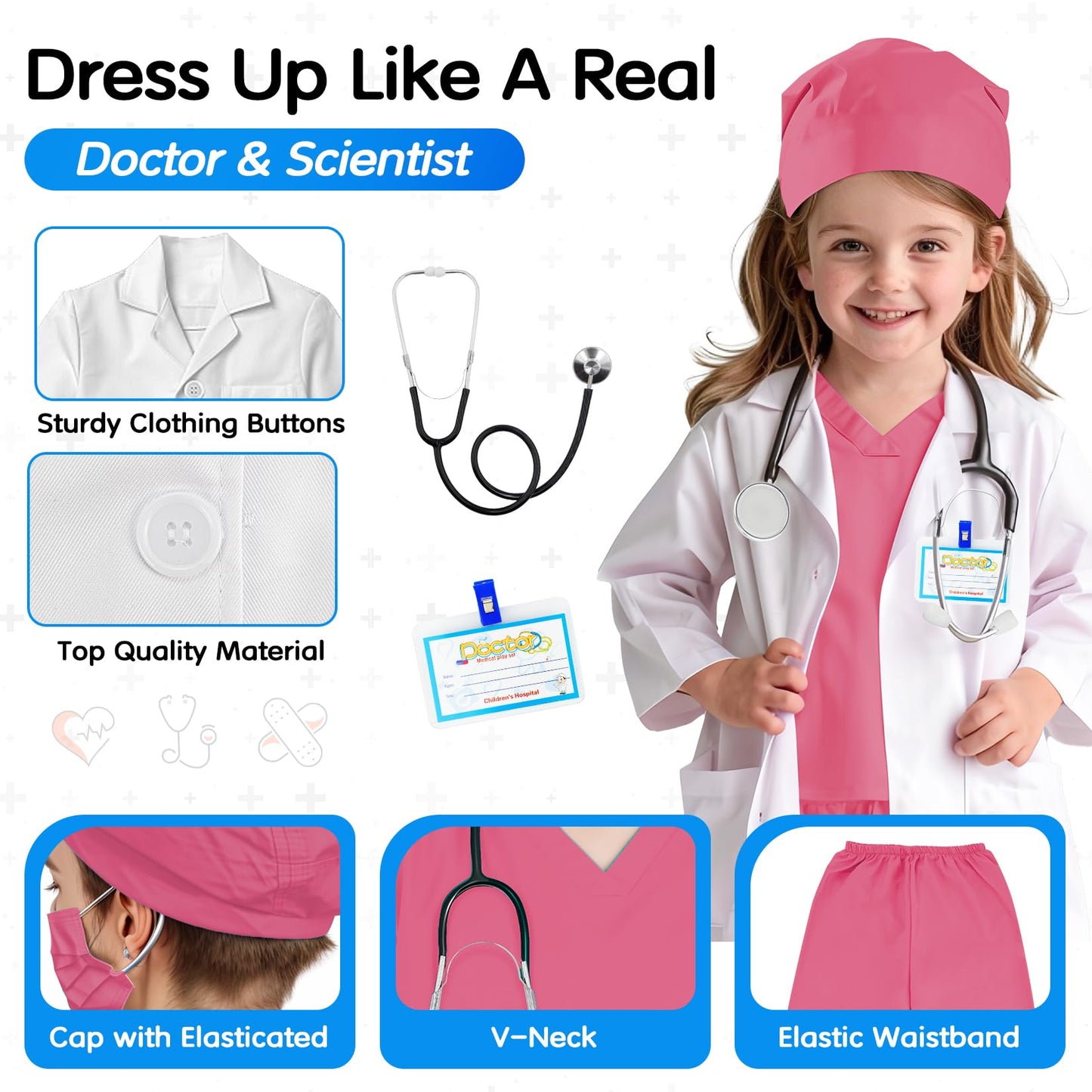 COTATERO Doctor Scrubs Costume for Kids With Stethoscope Lab Coat Career Day Costume Halloween Dress Up For Boys Girls 3-12 (Pink  XXXL-160/10-12Y)
