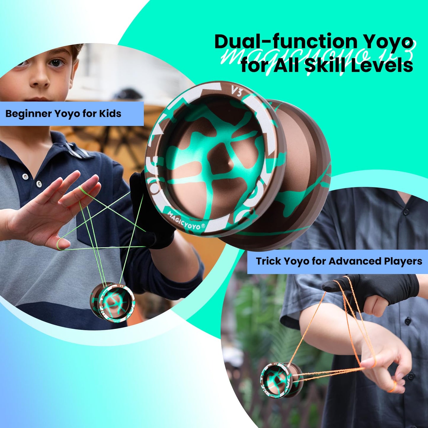 MAGICYOYO V3 Responsive Yoyo Professional Dual Purpose Metal Yoyo for Kids Beginners & mature-themeds  Includes Replacement Bearing  12 Strings  Removal Tool  Axle  & Case (Brown Green)