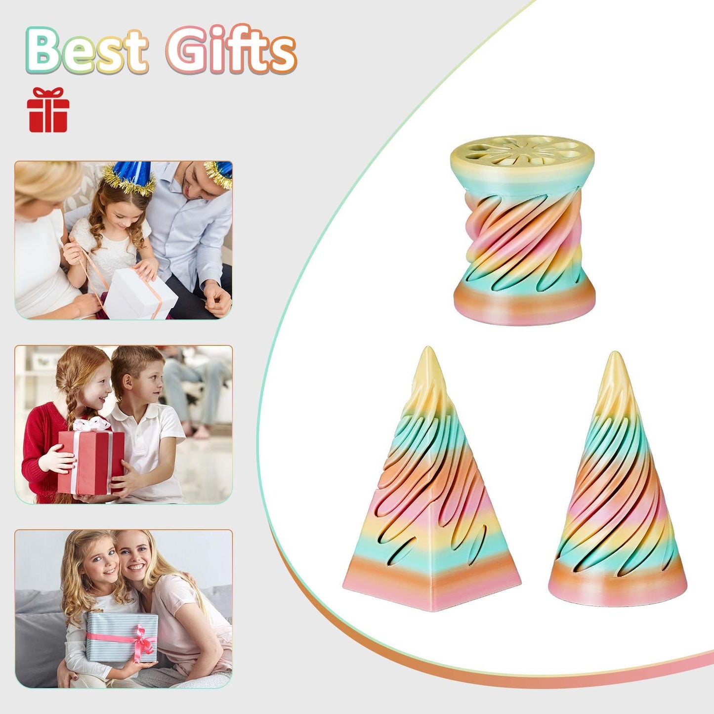 3PCS Impossible Cone 3D Printed Spiral Cone Fidget Toys Impossible Pyramid Passthrough Sculpture Stress Relieving Toys for mature-themeds and Kids Stocking Filler White Elephant Gifts (Candy Color-2)