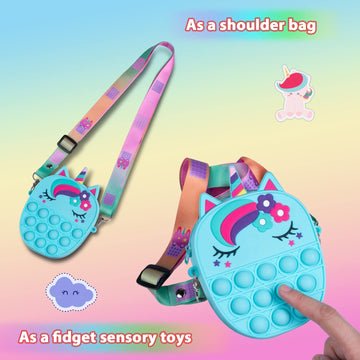 Sichy Pop Fidget Bag, Pop Purse for Girl and Women Pop Bag with Unicorn Toy, Anti Stress Silicone Poppet Fidget Shoulder Bag, Be