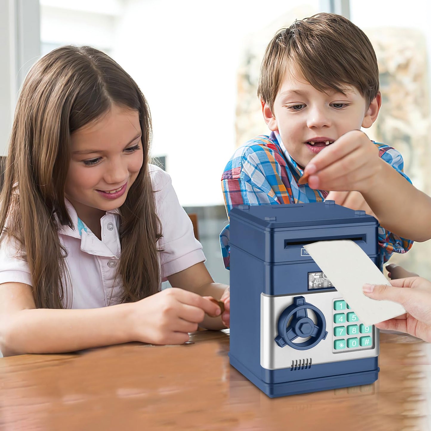 Setibre Piggy Bank, Electronic Atm Password Cash Coin Can Auto Scroll Paper Money Saving Box Toy Gift For Kids (Navy Blue)