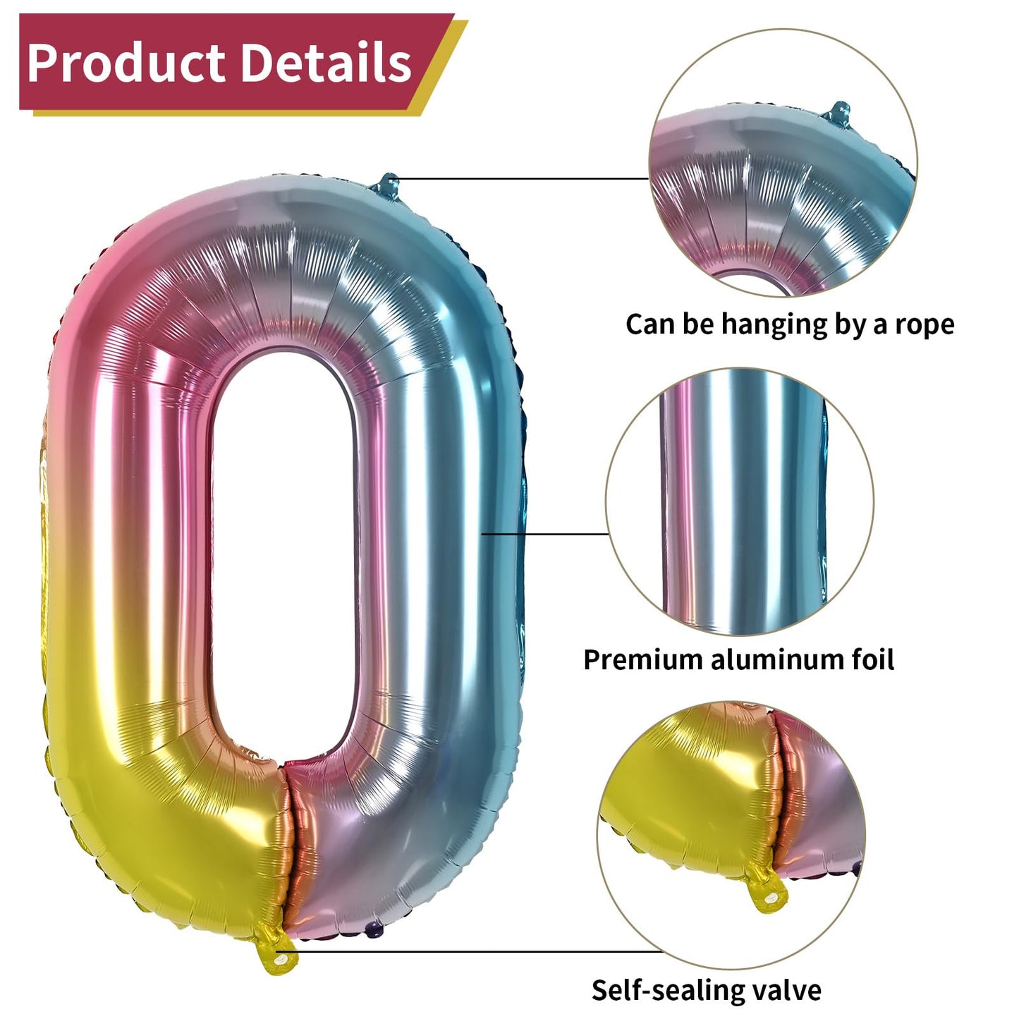 Biapian 40 Inch Rainbow Number 0 Balloon, Large Size Foil Number 0 Birthday Balloons With Gradient Heart Shape Balloons Helium F