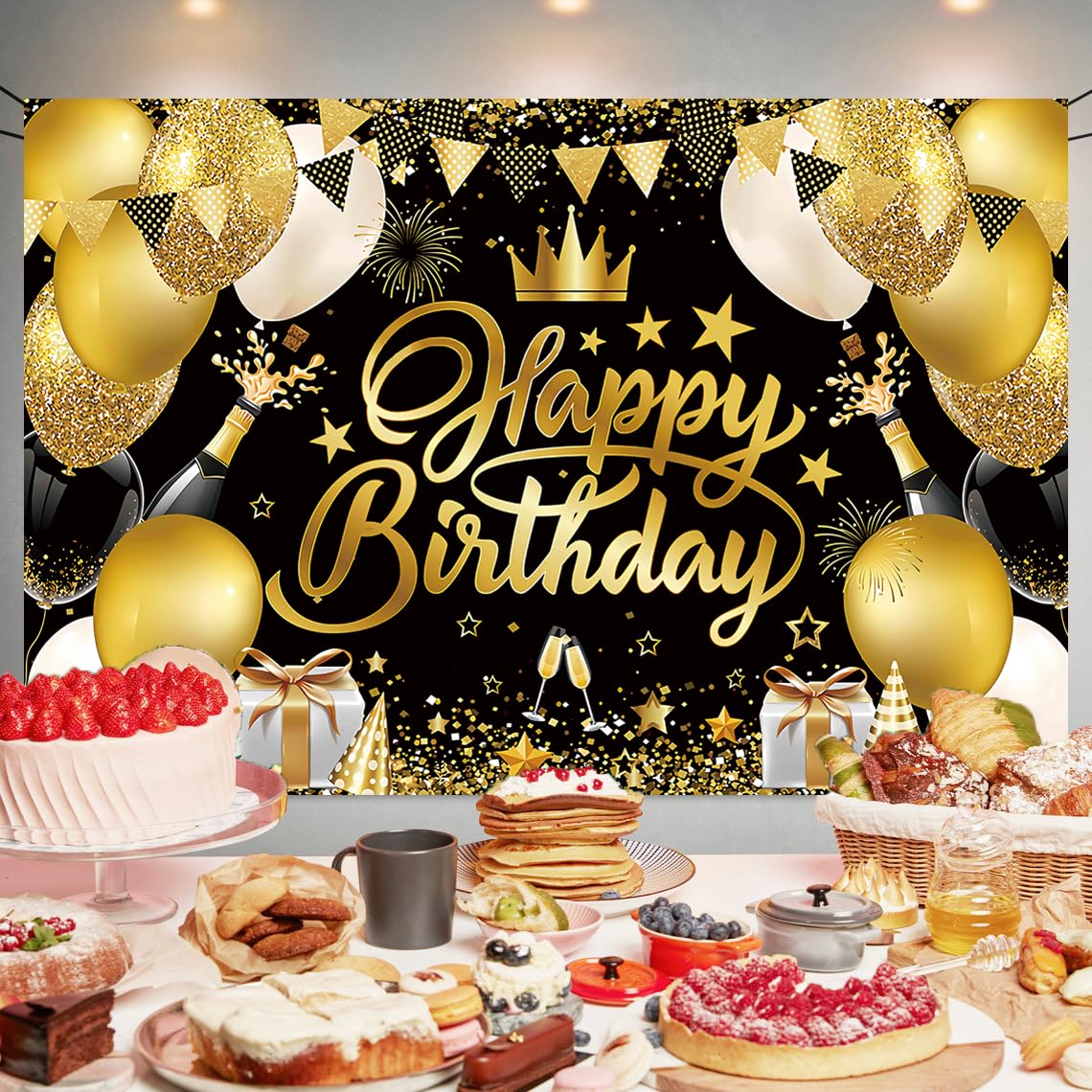 Black Gold Happy Birthday Backdrop Decorations Black Gold Happy Birthday Banner Black Gold Birthday Photo Background For Home In
