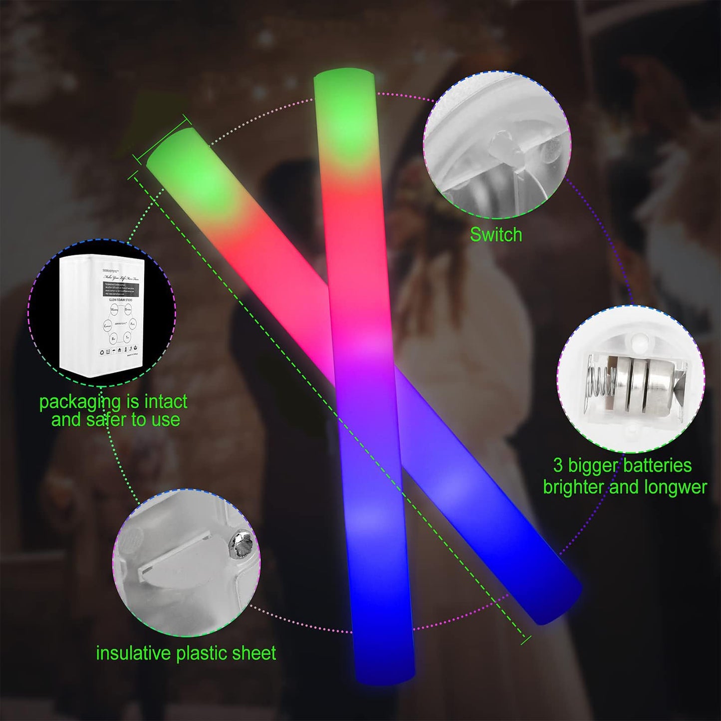 Lifbetter 30 Pcs Foam Glow Sticks Bulk,Led Glow Sticks With 3 Modes Colorful Flashing,Long Life Battery Glow In The Dark Party Supplies For Weddings,Parties,Festivals,Sporting Events