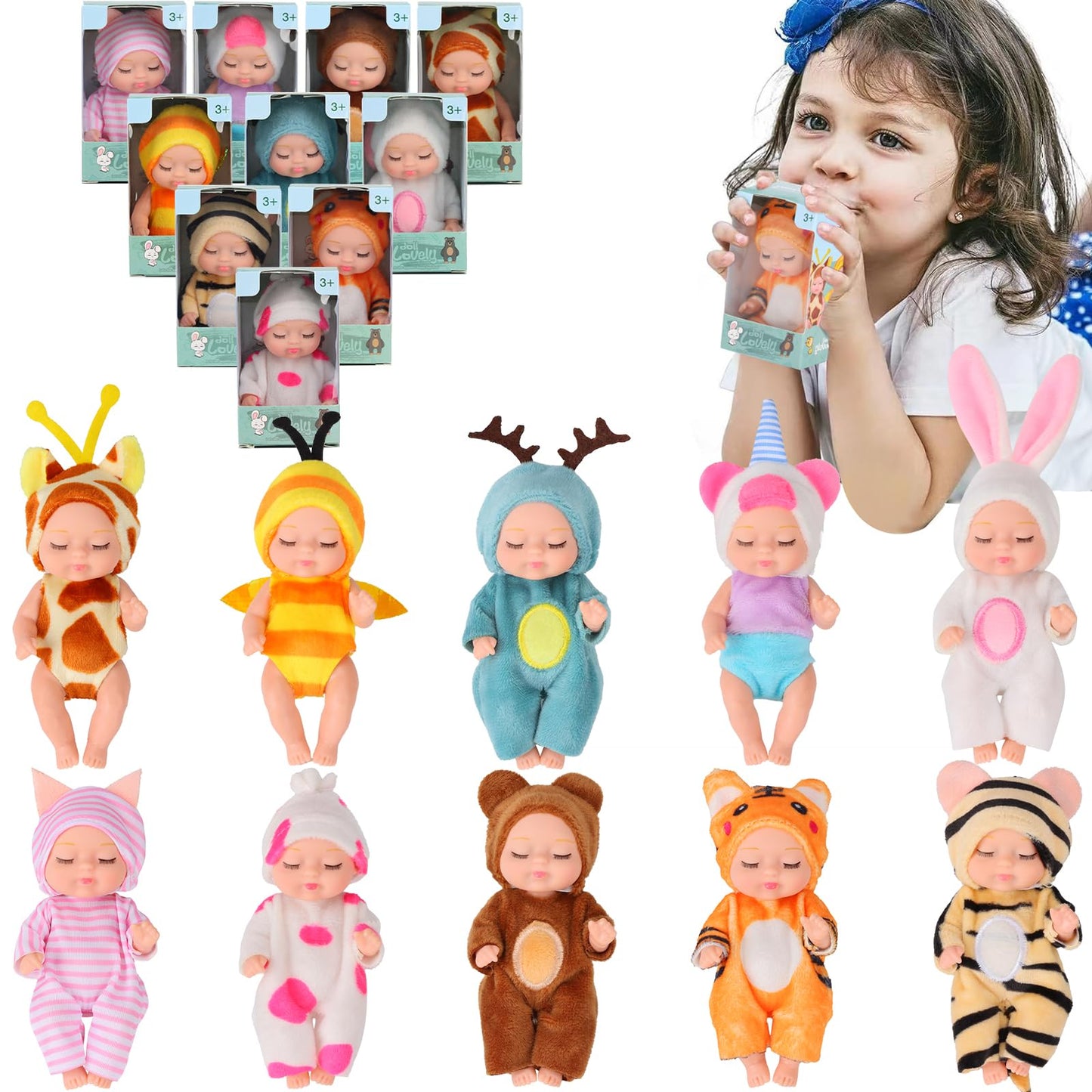 Vueos 10 Pcs 4 Inch Mini Reborn Baby Dolls Set Cute Small Baby Doll With Handmade Animal Clothes - Baby Doll Giftbox Gifts For G