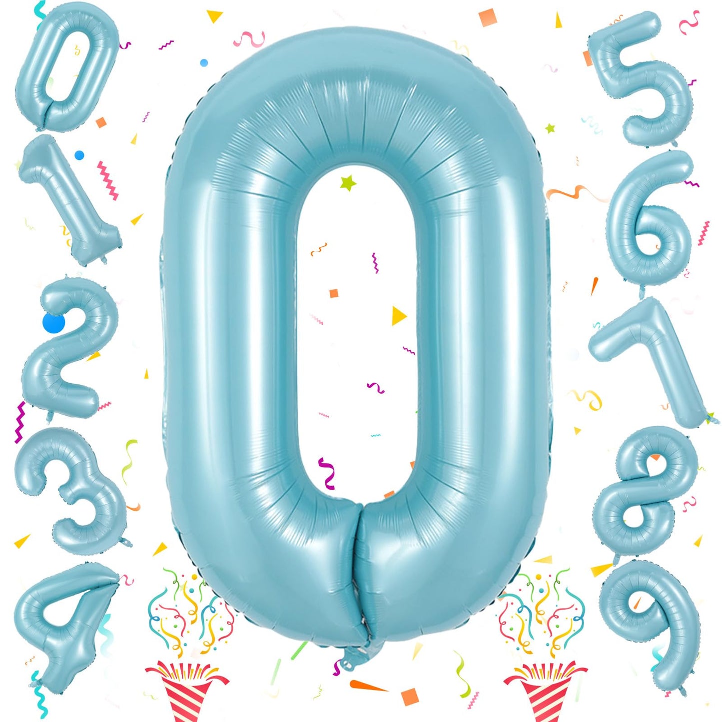 40 Inch Pastel Blue Number 0 Balloons, Giant Self Inflating Foil Number Balloon 0-9 For Boys, Baby Light Blue Mylar Helium 0 Bal