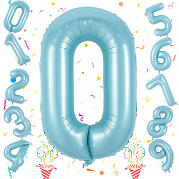 40 Inch Pastel Blue Number 0 Balloons, Giant Self Inflating Foil Number Balloon 0-9 For Boys, Baby Light Blue Mylar Helium 0 Bal